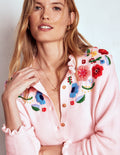 Bestickte Strickjacke mit Rüschen-Geblümt Rosa