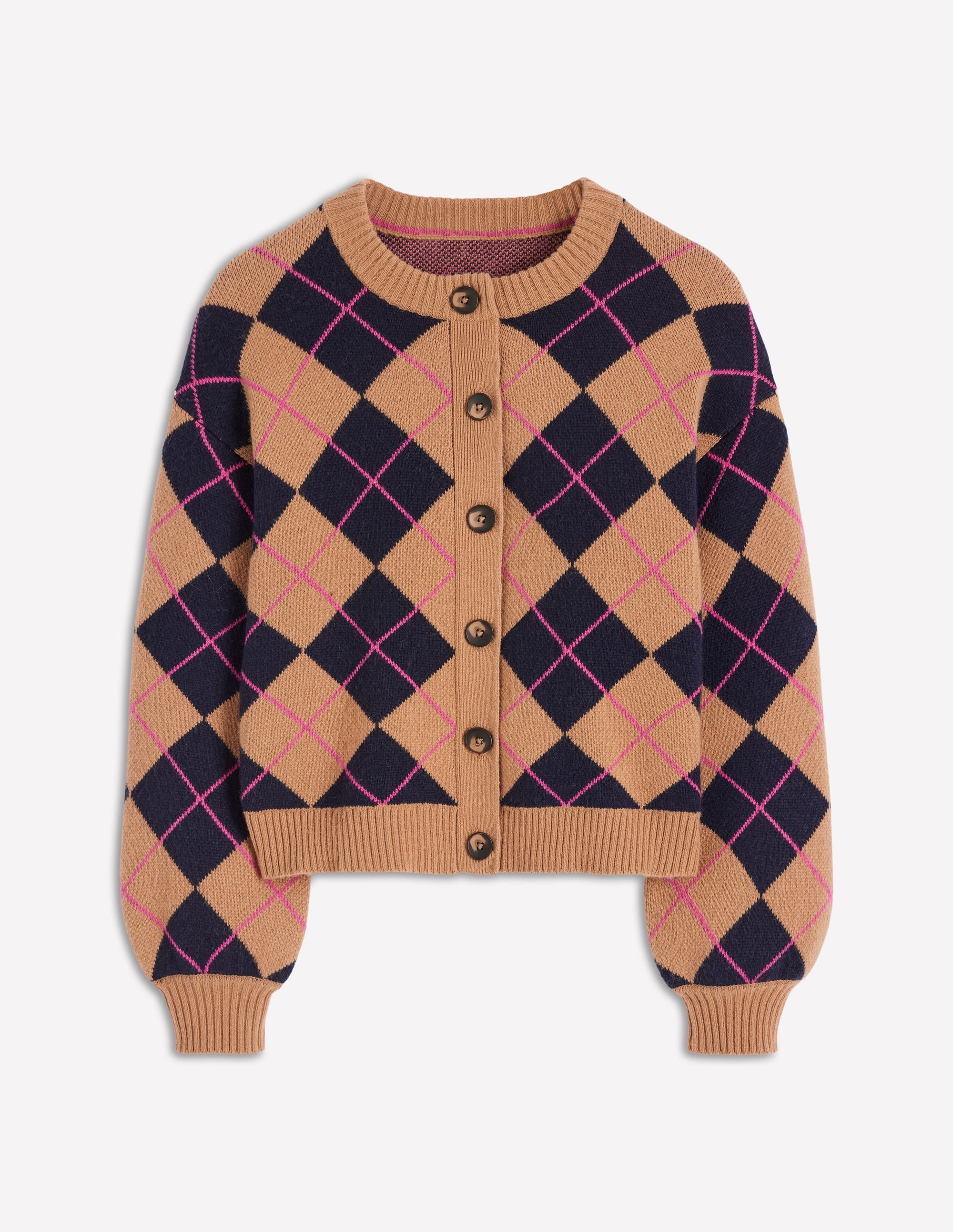 Abi Jacquard-Strickjacke-Kamel, Marineblau Argyle - Image 6
