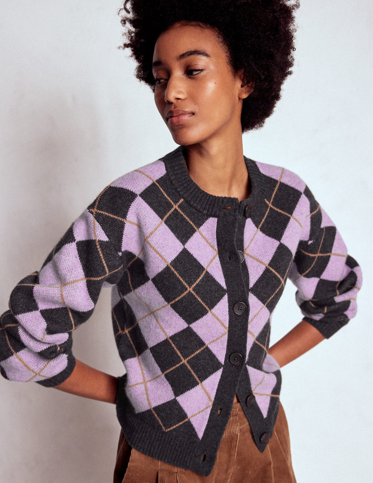 Abi Jacquard-Strickjacke-Flieder, Anthrazit Meliert, Argyle - Image 1
