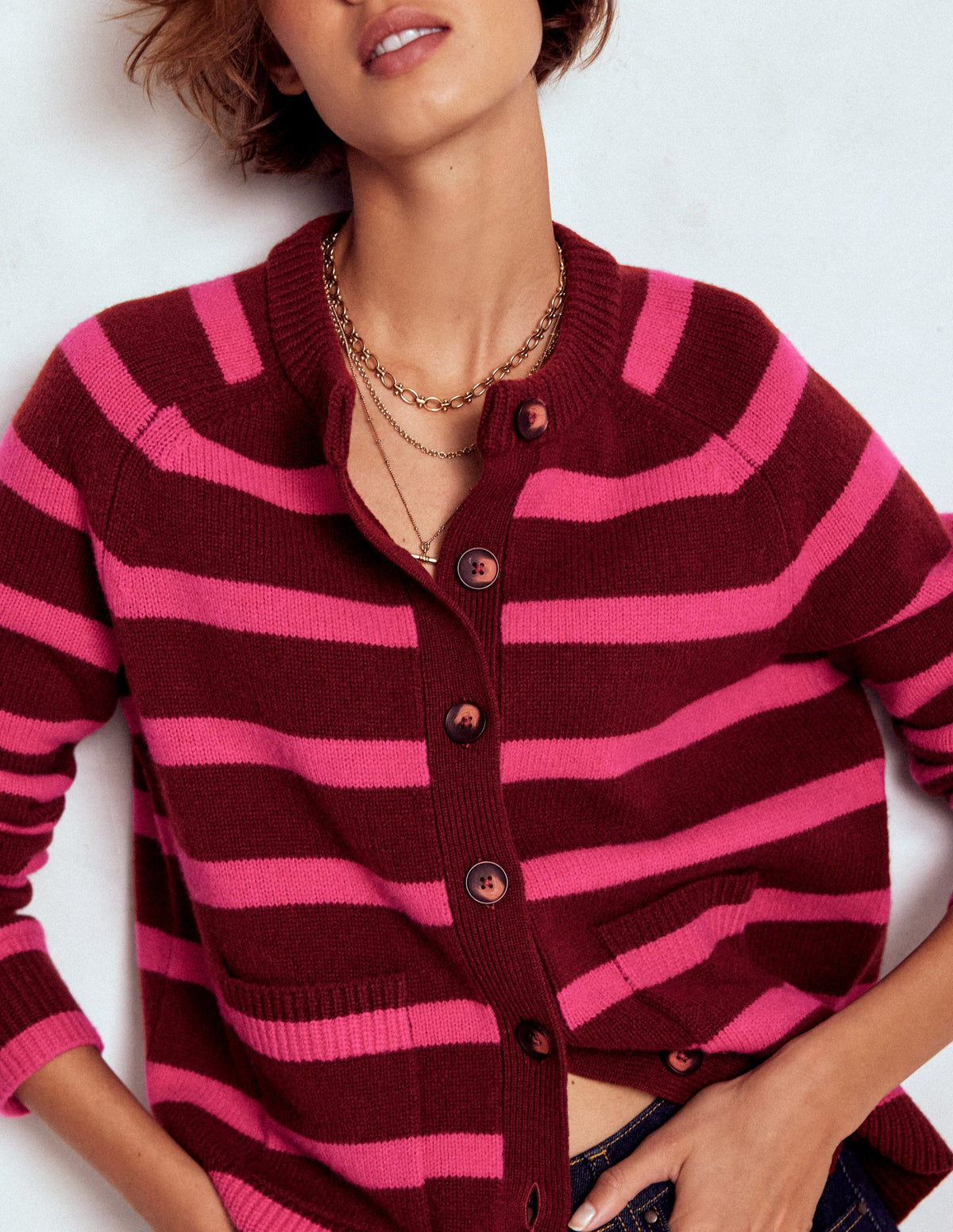 Marion Merino Cardigan-Raw Umber, Brilliant Pink - Image 2