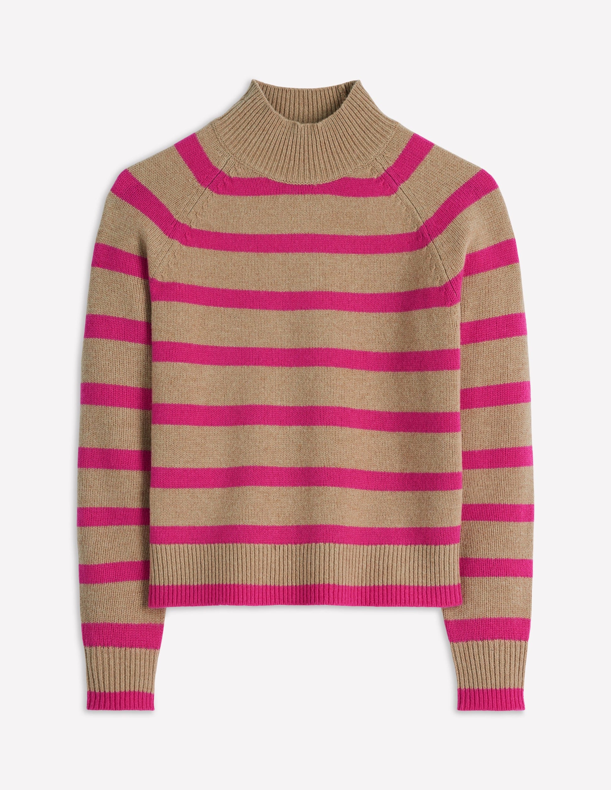 Marion Hochgeschlossener Merino-Pullover-Kamel, Brilliantpink Streifen-5