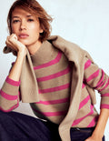Marion Hochgeschlossener Merino-Pullover-Kamel, Brilliantpink Streifen