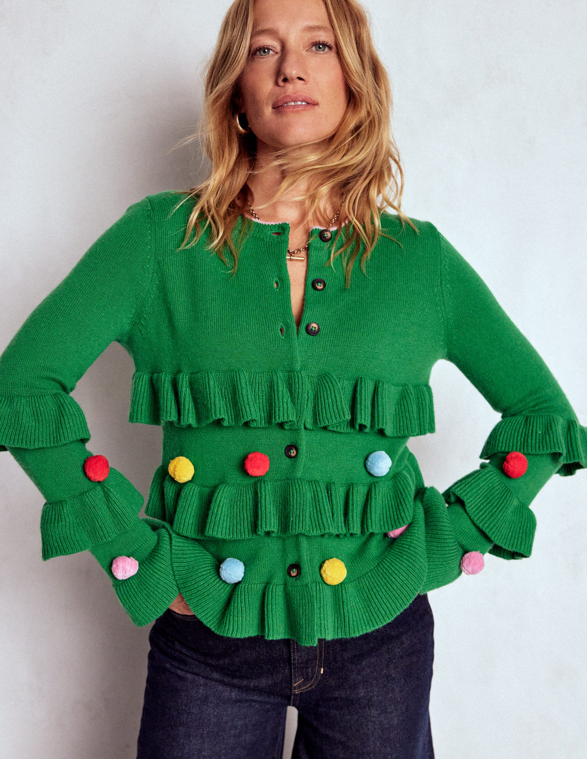 Strickjacke mit festlicher Stickerei-Baumgrün - Image 4