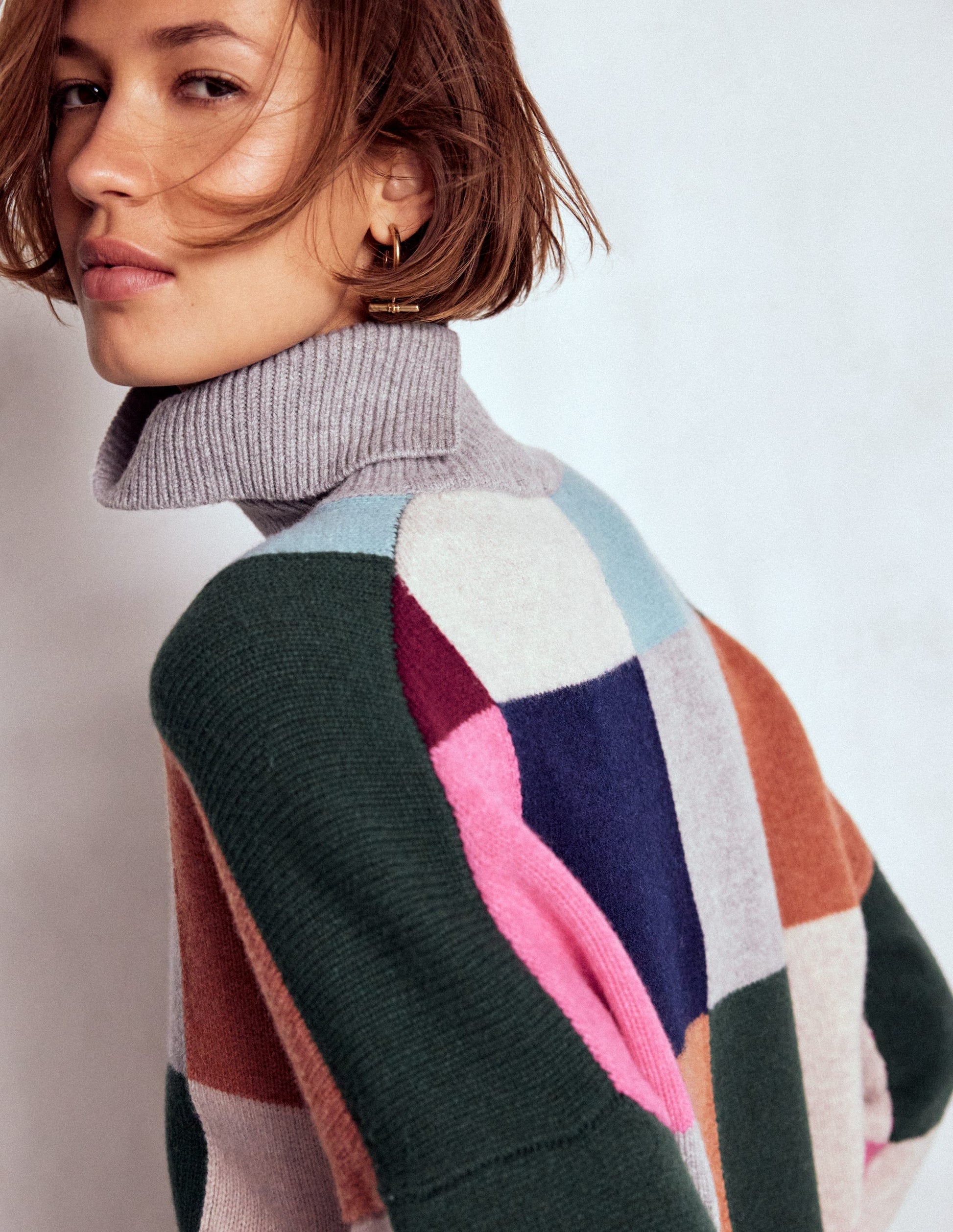 Polly Merino-Rollkragenpullover-Blaugrau Meliert mit Karos-2