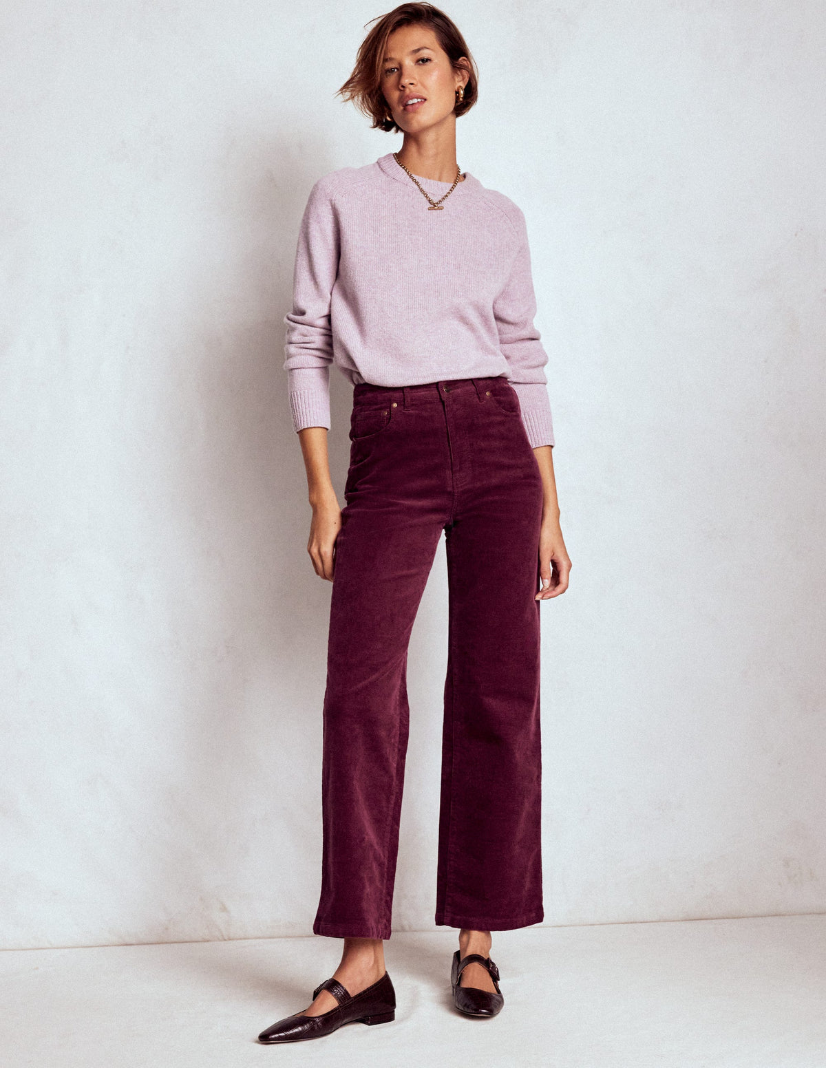 Cord-Jeans mit hohem Bund und geradem, lockerem Bein-Burgunderrot - Image 1