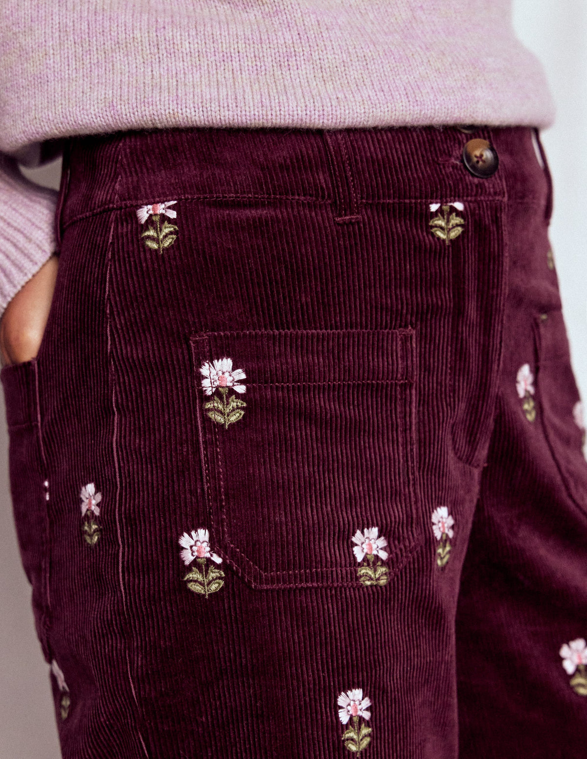 Primrose Cordhose-Dunkles Kirschrot Stickerei-2