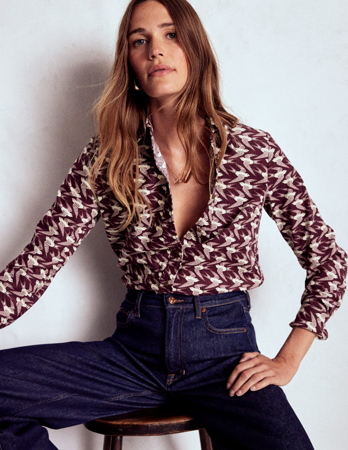 Sienna Cord Shirt-Dark Cherry, Swooping Swallow - Image 1