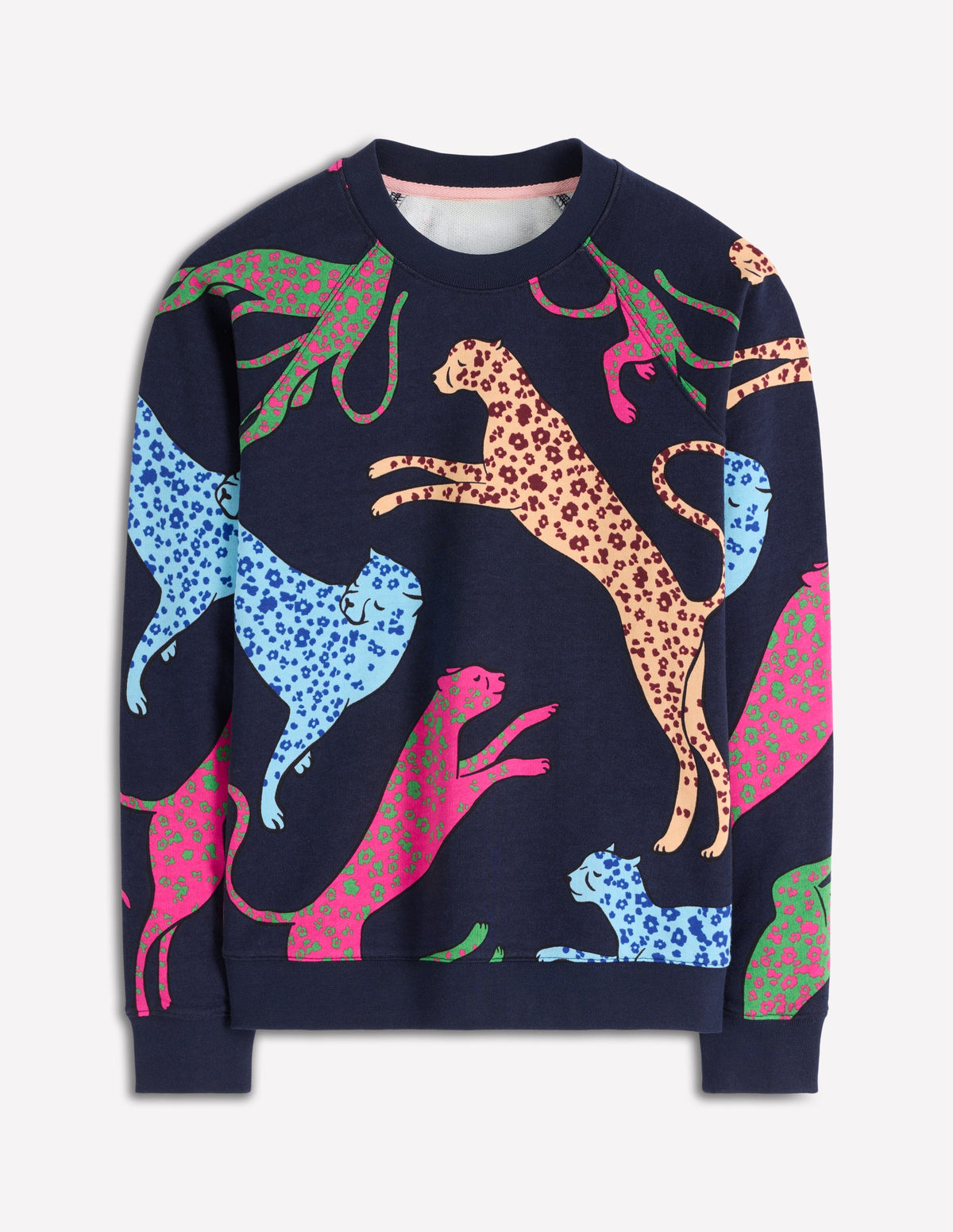 Rosa Bedrucktes Sweatshirt-Marineblau, Springender Leopard-5