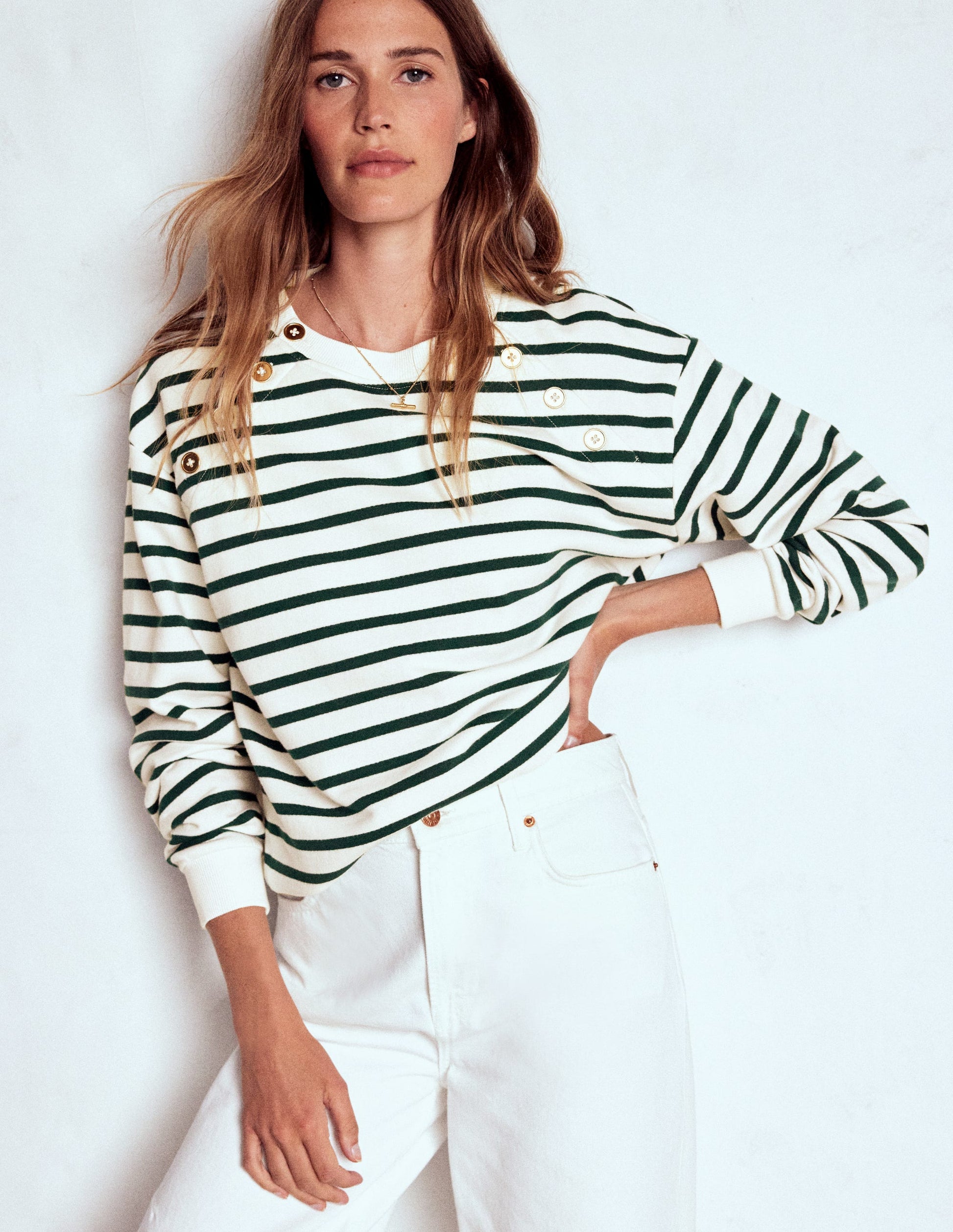 Sweatshirt mit Knopfdetail-Dunkles Smaragdgrün, Naturweiß-4