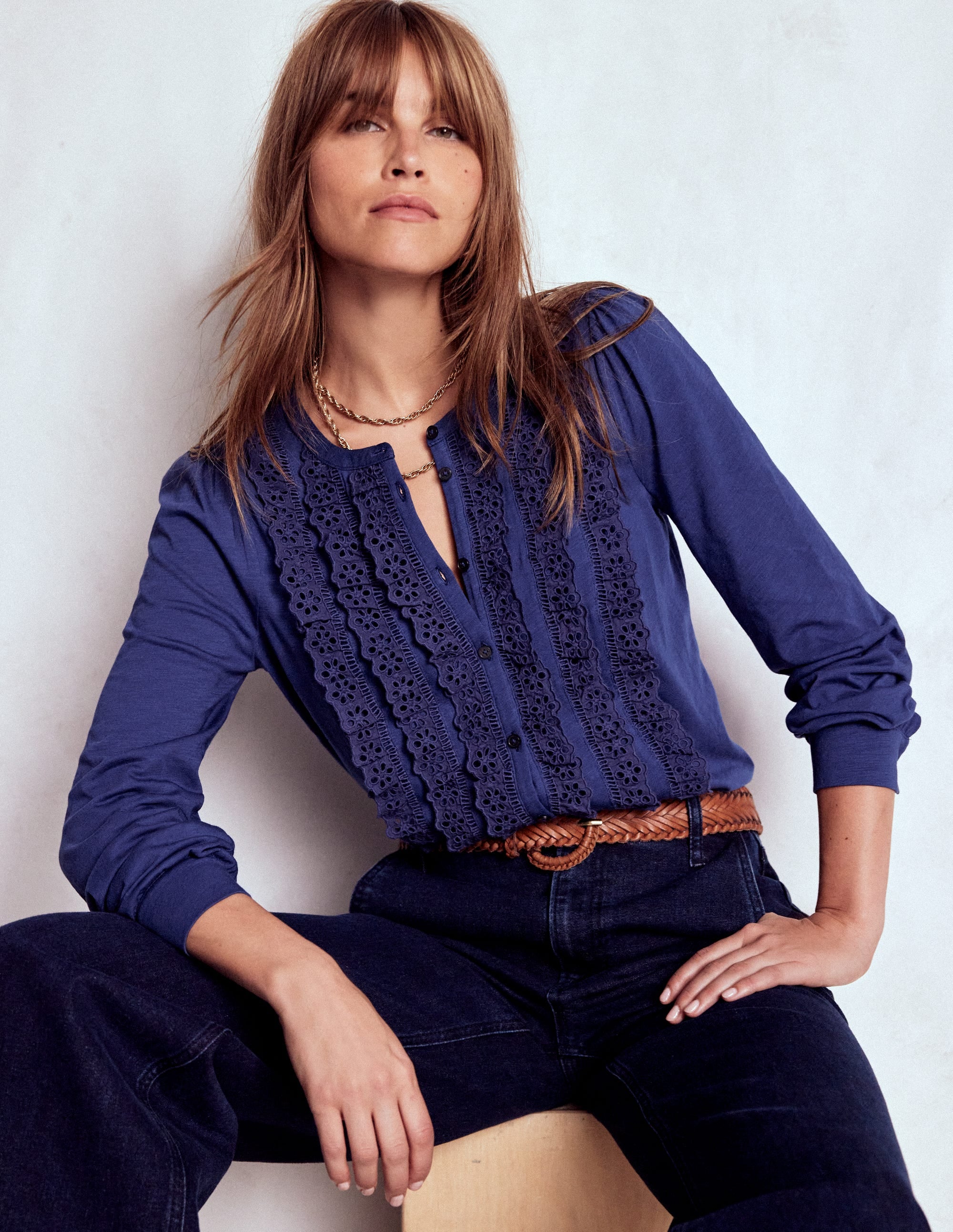 Broderie Ruffle Jersey Shirt-Starboard Blue - Image 1