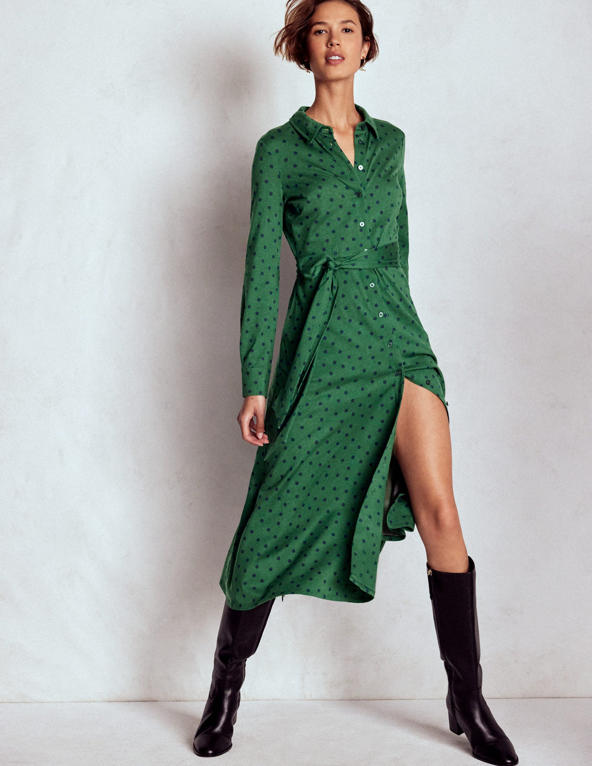 Marcia Jersey-Hemdblusenkleid-Jägergrün, Gemalte Tupfen - Image 1