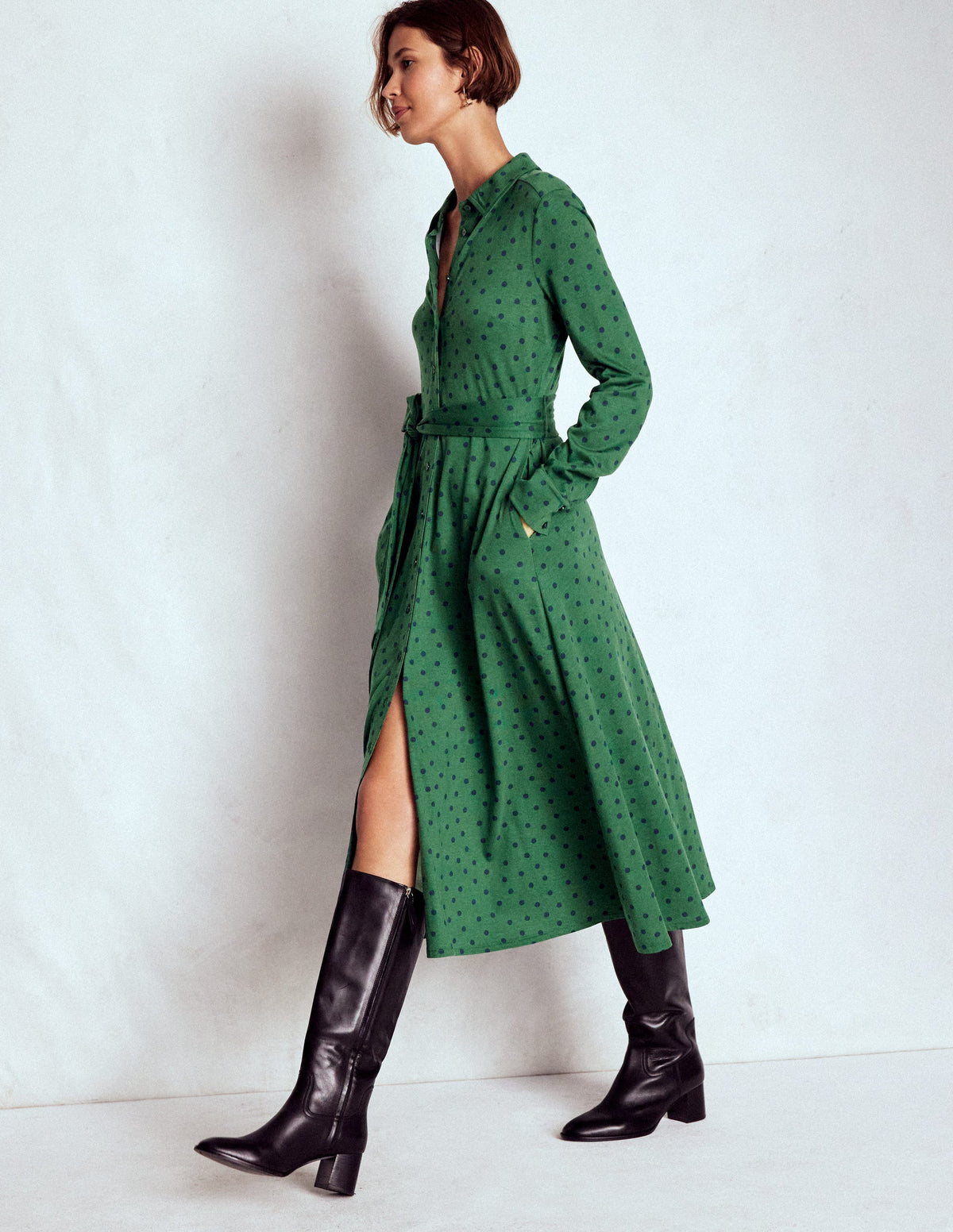 Marcia Jersey-Hemdblusenkleid-Jägergrün, Gemalte Tupfen - Image 5