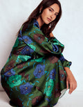 Tie Neck Satin Midi Dress-Green Fir, Peony Bloom