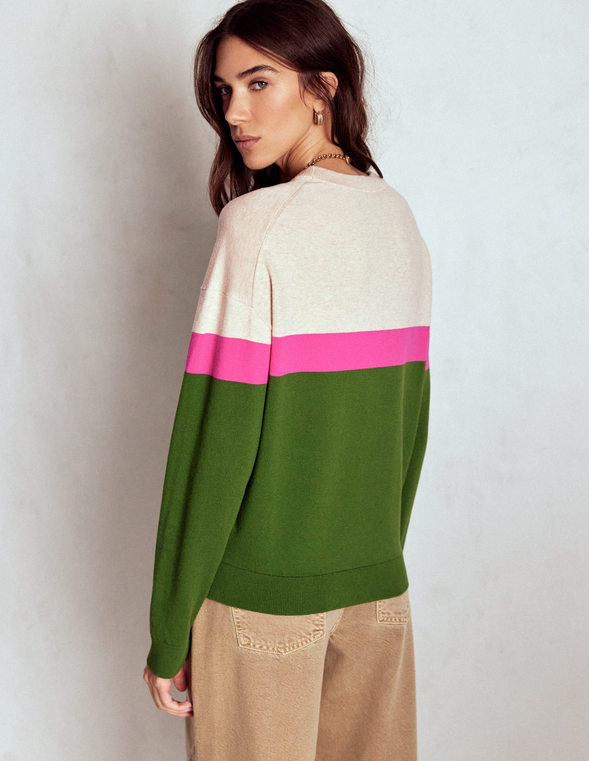 Lara Lockerer Baumwollpullover-Hofgrün/Rosa Schafgarbe - Image 3