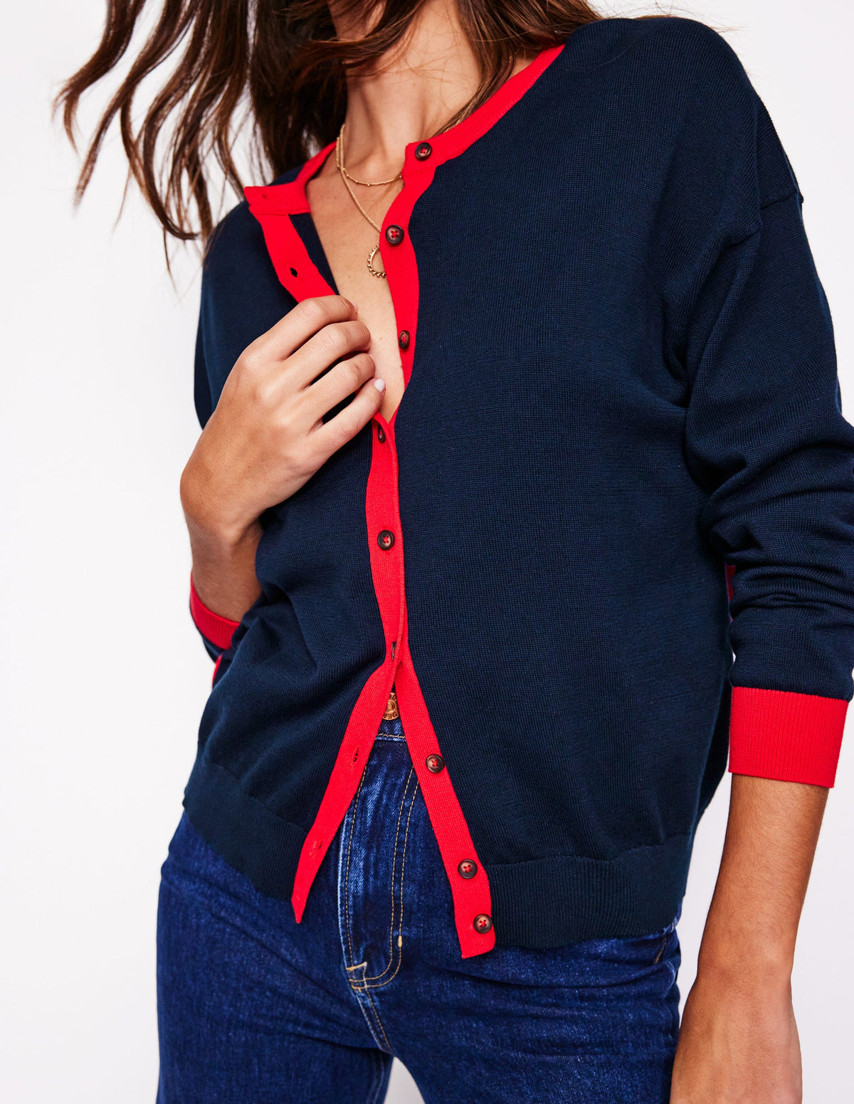 Lara Lockere Baumwoll-Strickjacke-Marineblau, Mohnblumenrot-2