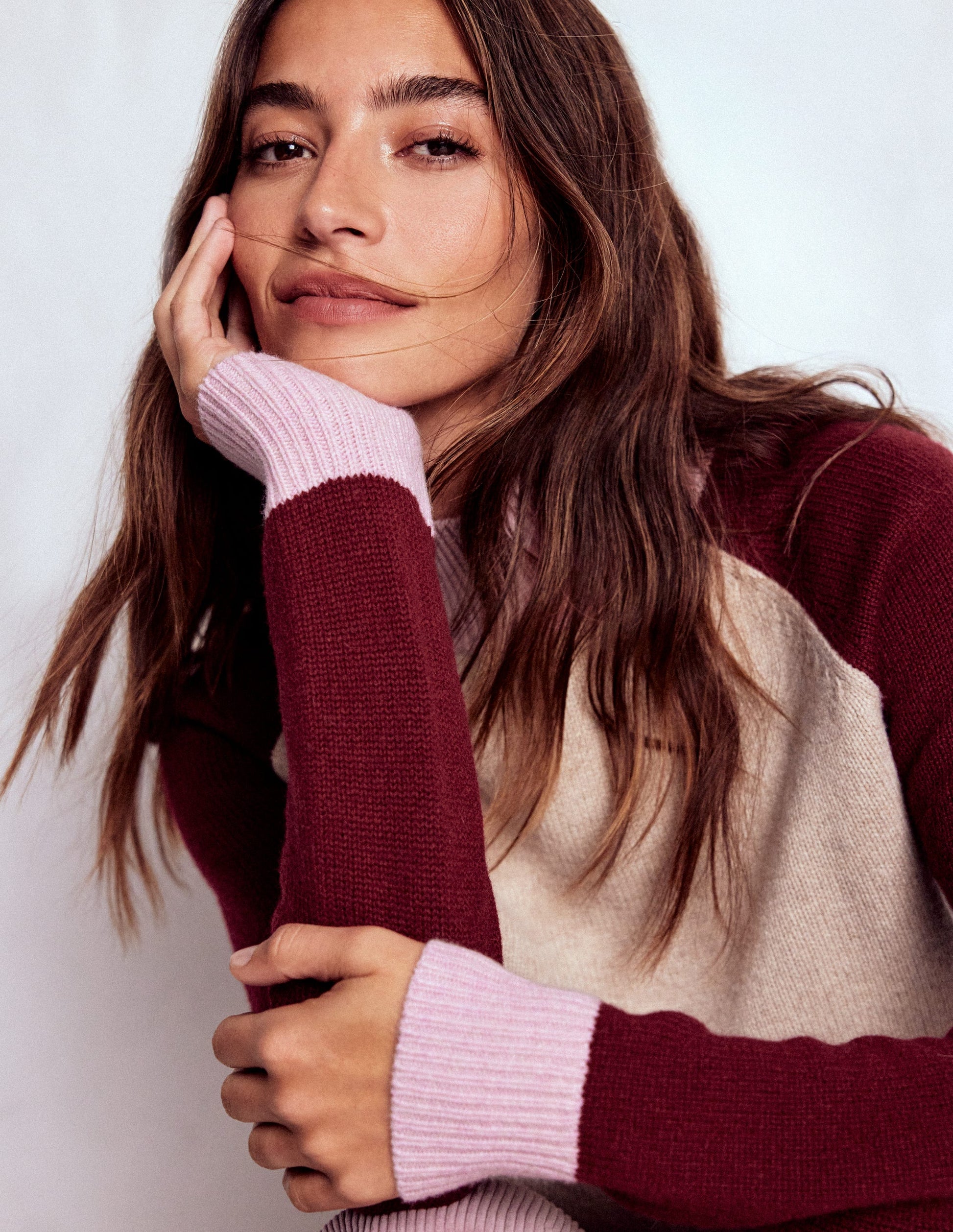 Marion Hochgeschlossener Merino-Pullover-Leinen, Pinotage Blockfarben-1