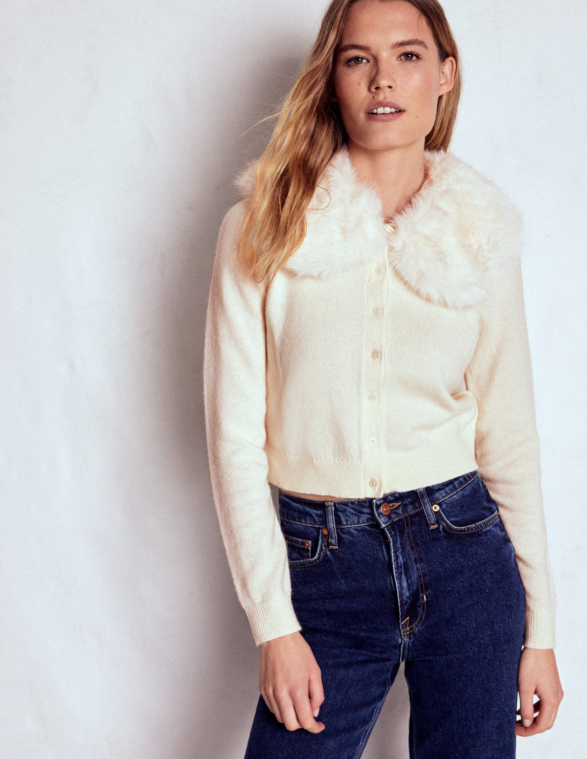 Fur Collar Cropped Cardigan-Warm Ivory-2