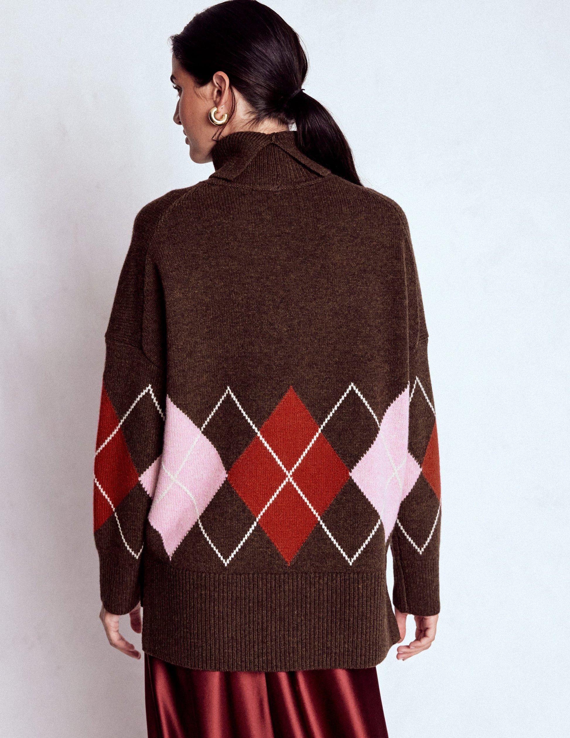Polly Merino-Rollkragenpullover-Braun, Rosa Argyle-3