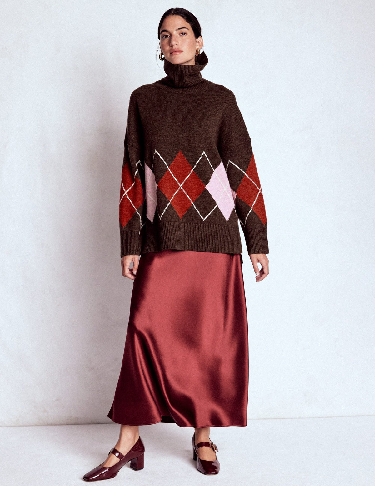 Polly Merino-Rollkragenpullover-Braun, Rosa Argyle - Image 4