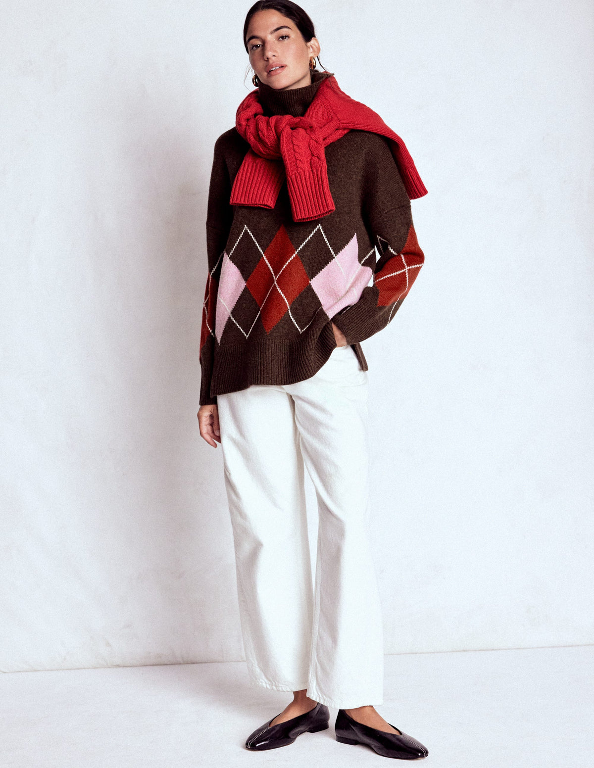 Polly Merino-Rollkragenpullover-Braun, Rosa Argyle-5