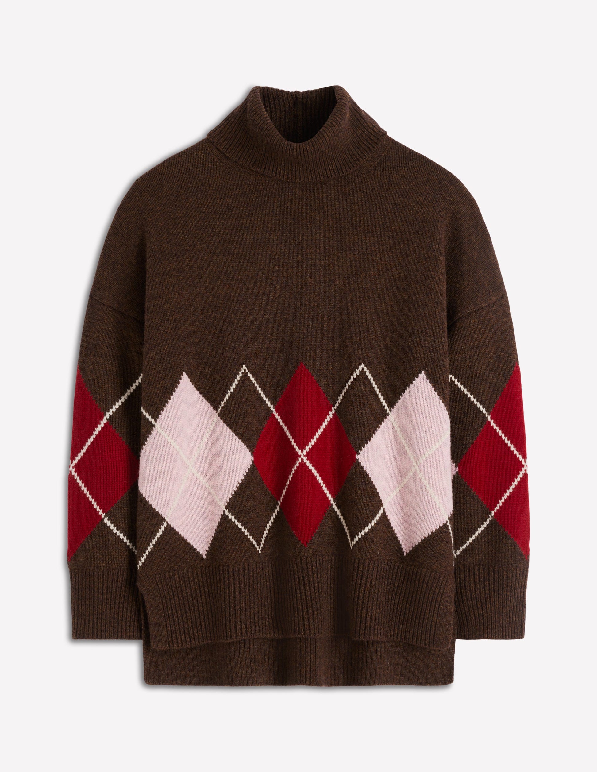 Polly Merino-Rollkragenpullover-Braun, Rosa Argyle-7