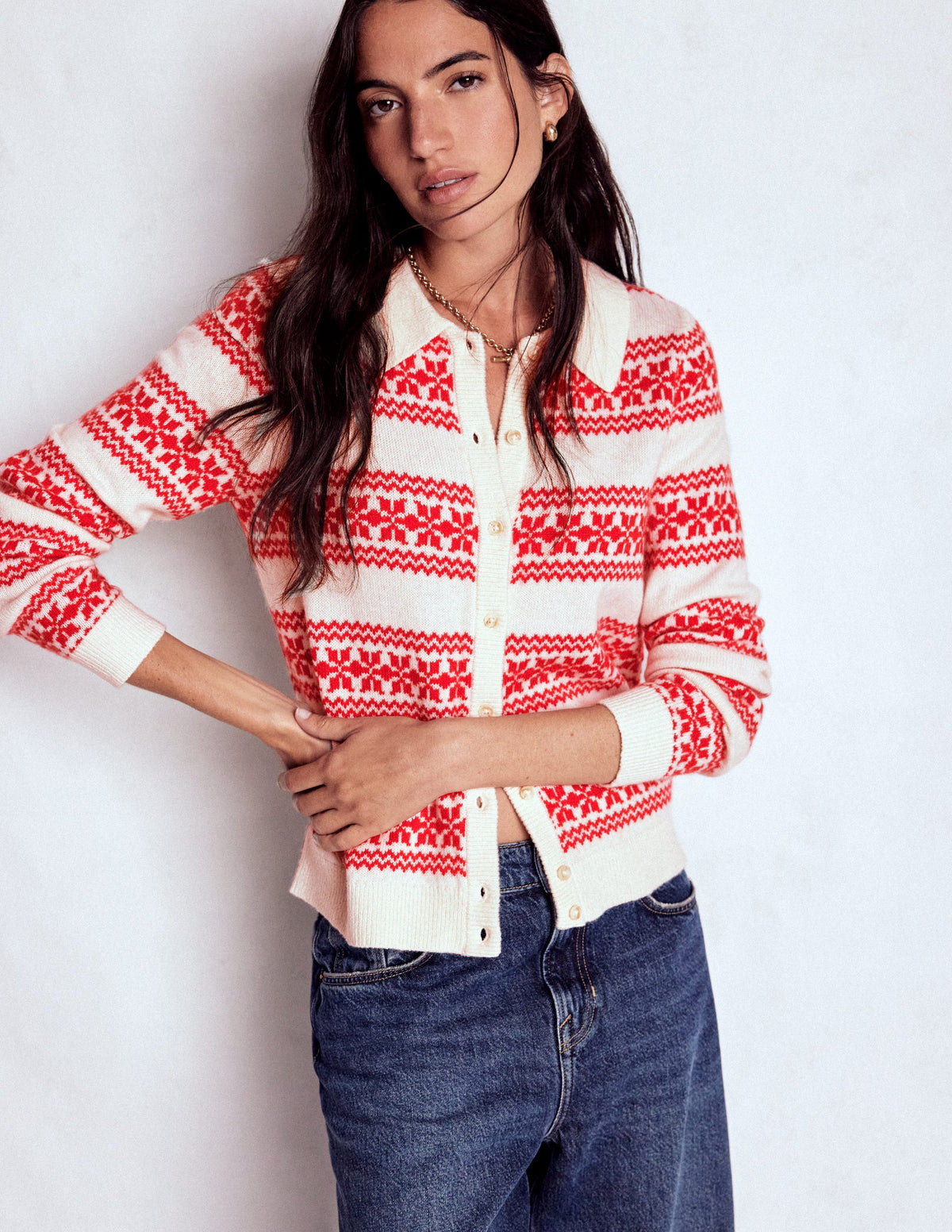 Edie Fair-Isle-Strickhemd-Warmes Naturweiß, Rotes Fair-Isle-4