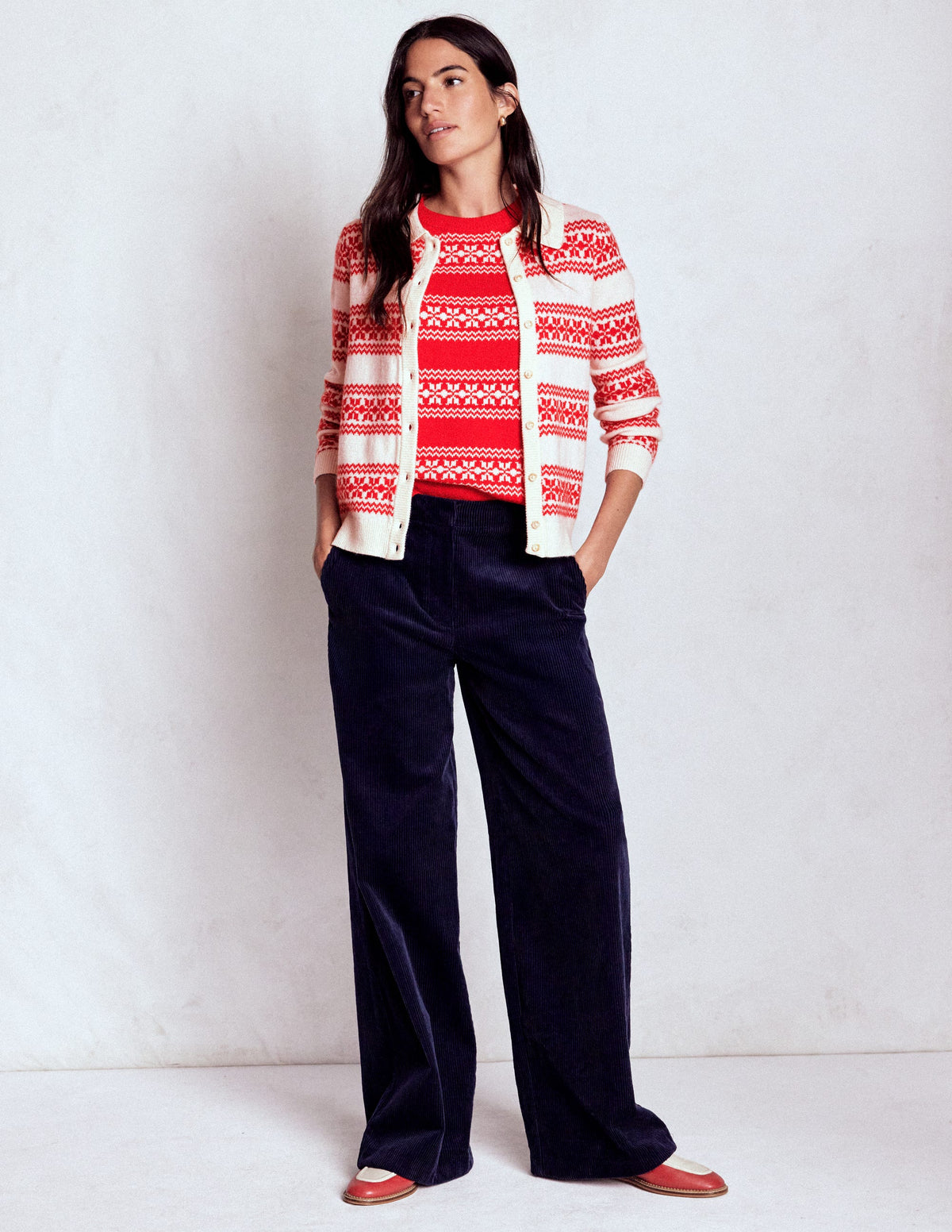 Edie Fair-Isle-Strickhemd-Warmes Naturweiß, Rotes Fair-Isle-5