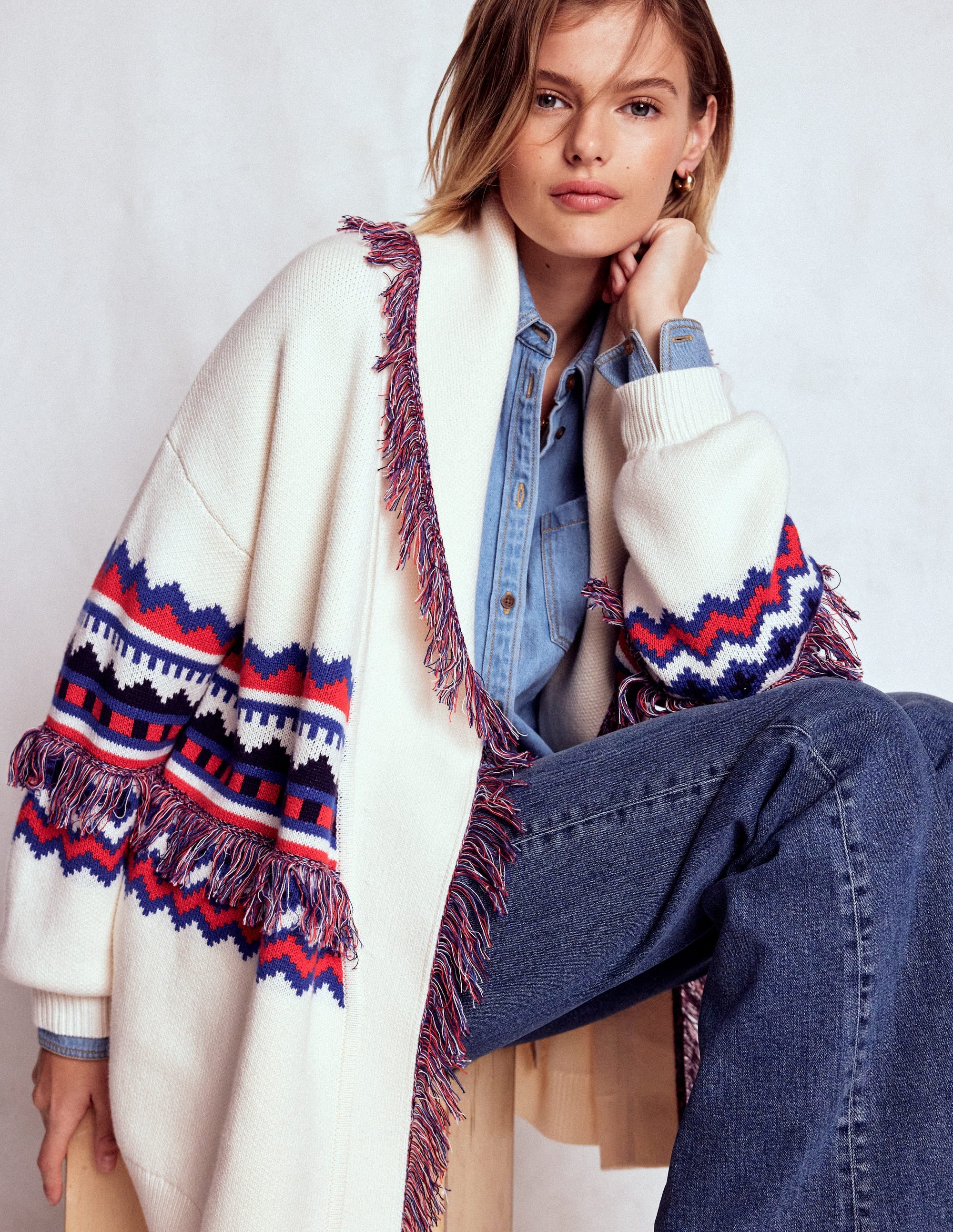 Fringed Jacquard Cardigan-Warm Ivory Melange - Image 1