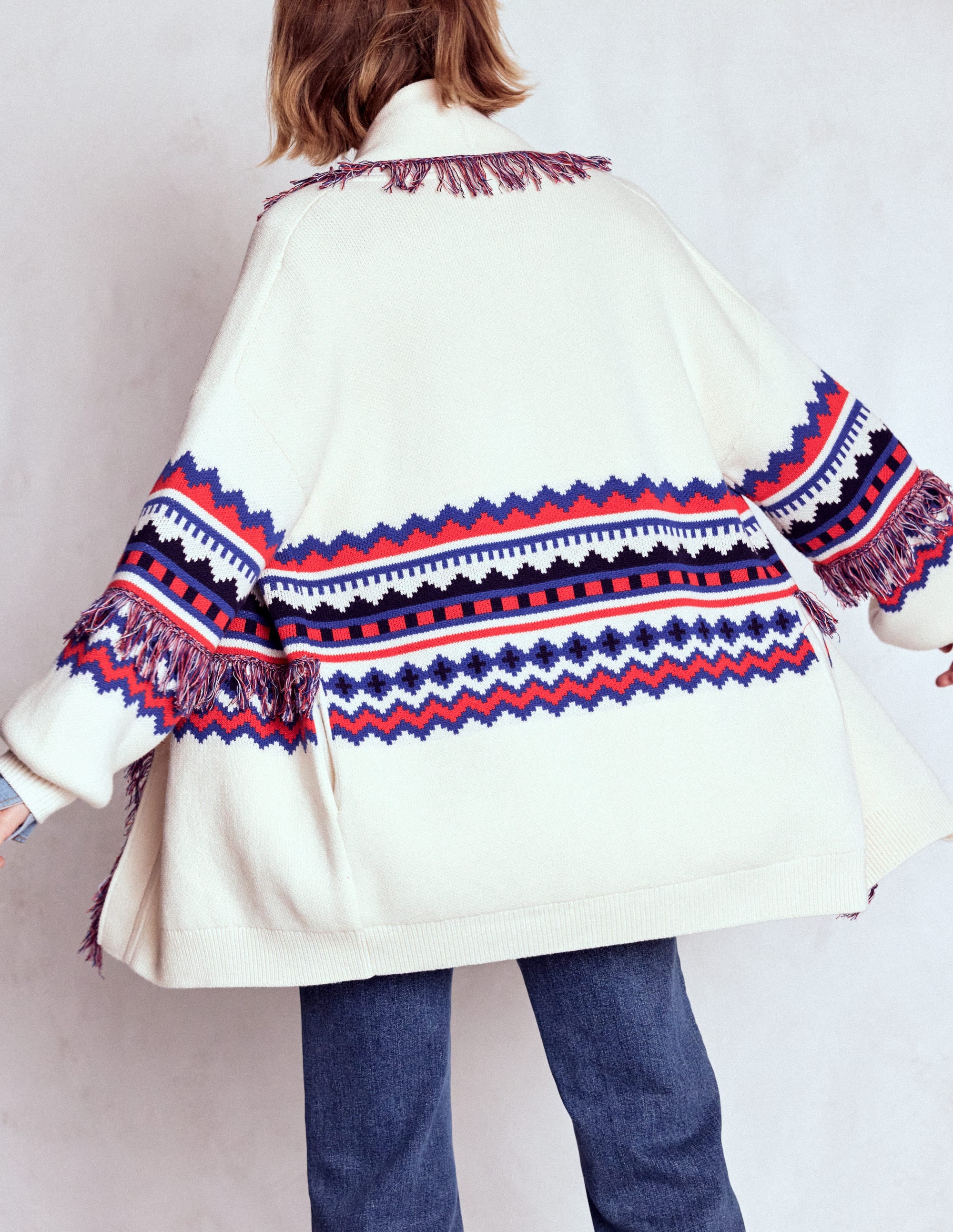 Fringed Jacquard Cardigan-Warm Ivory Melange - Image 3