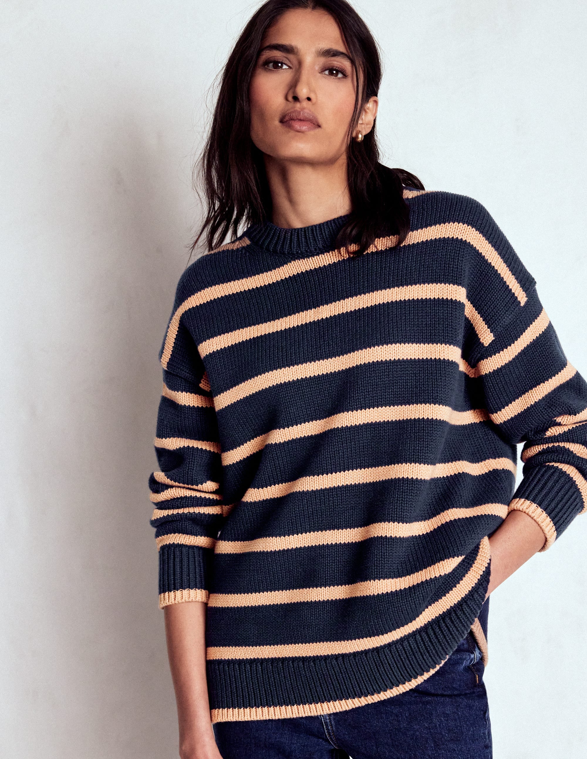 Lucy Oversized Cotton Jumper-Navy/ Camel Melange - Image 4