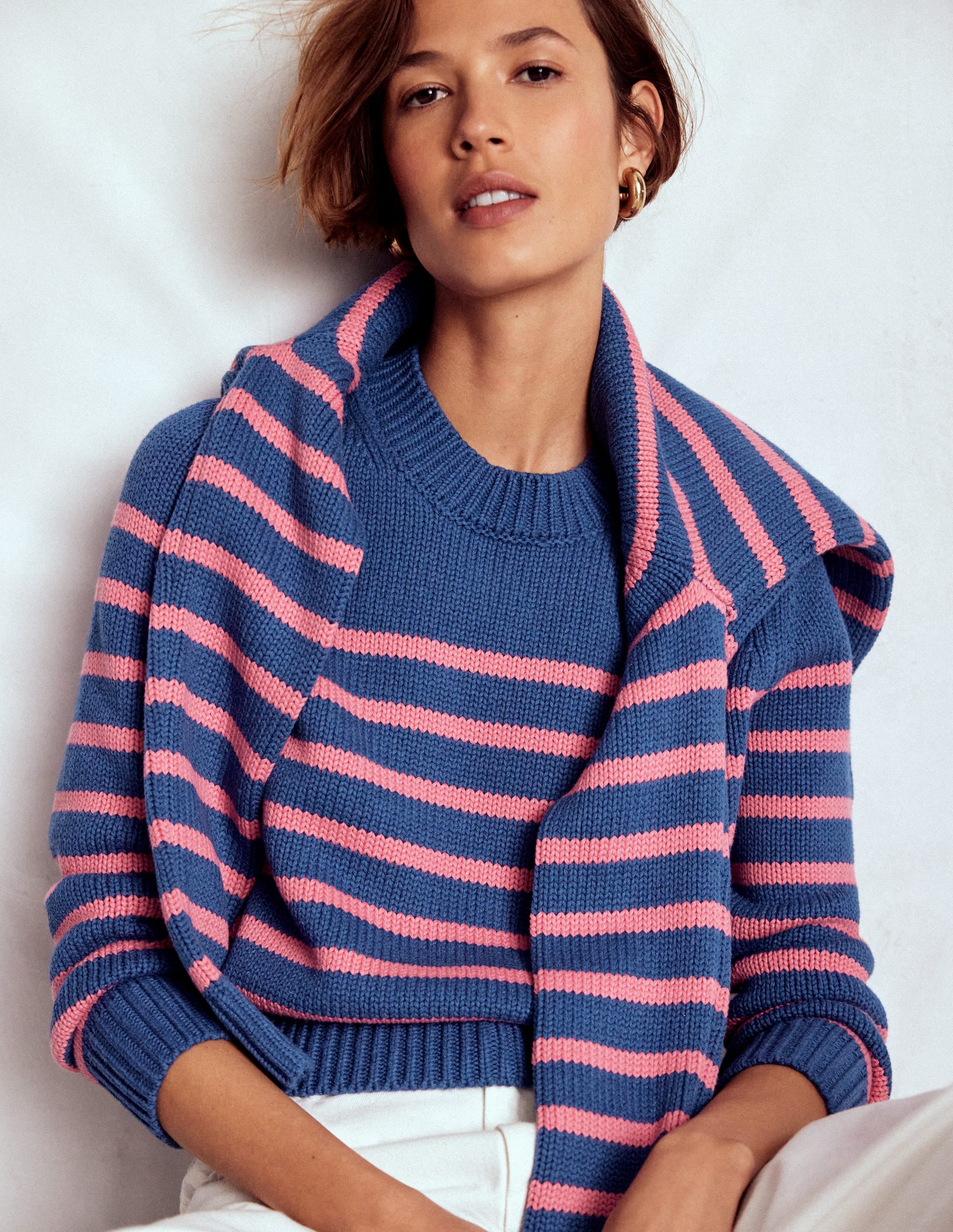 Lucy Chunky Cotton Jumper-Blue, Pink Stripe - Image 1