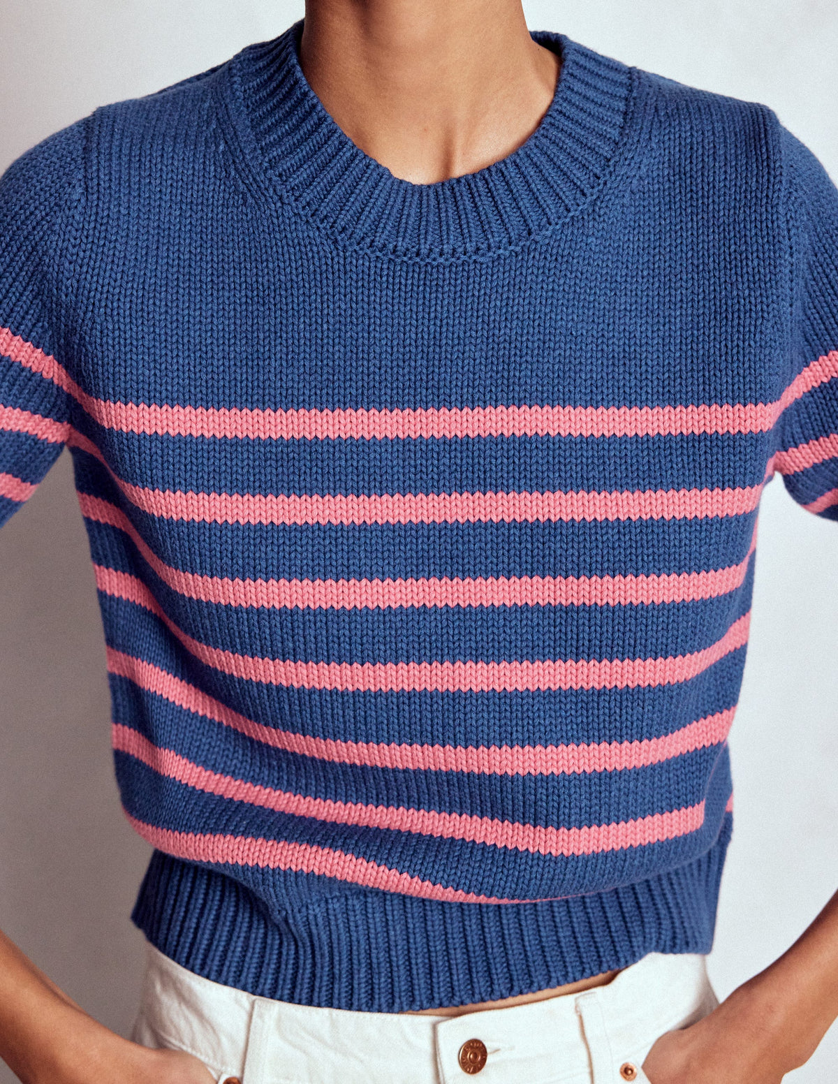 Lucy Chunky Cotton Jumper-Blue, Pink Stripe - Image 2