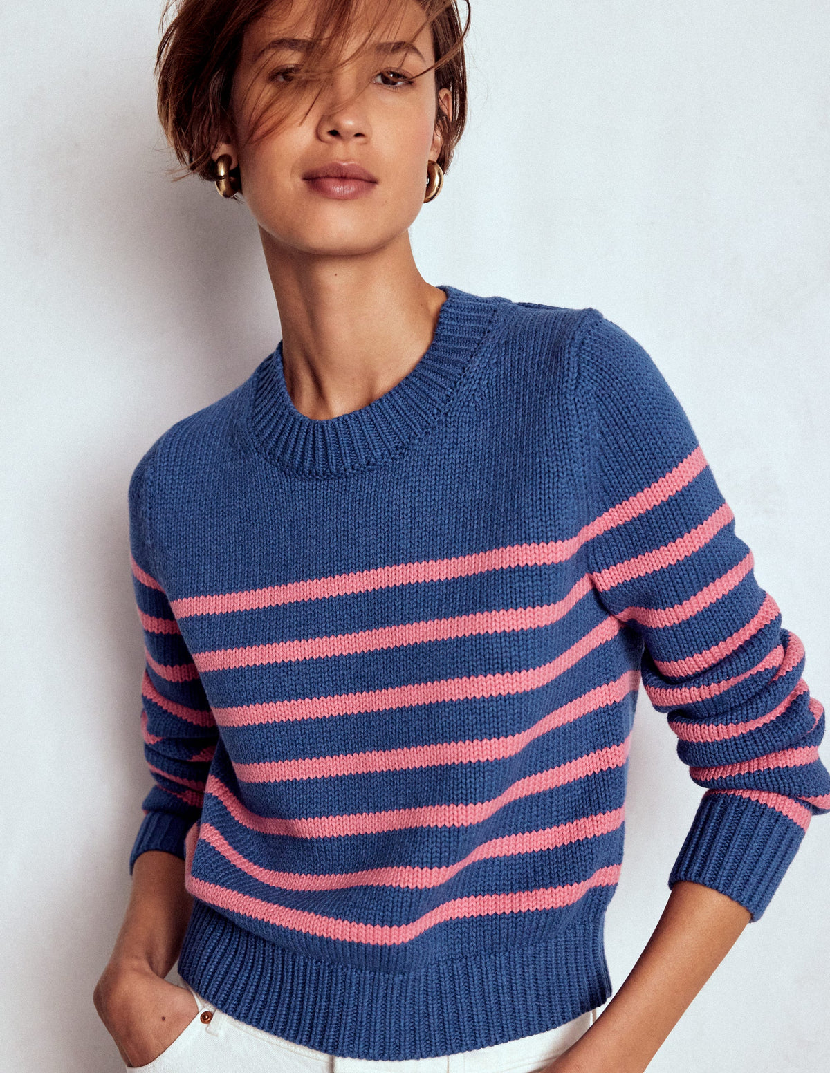 Lucy Chunky Cotton Jumper-Blue, Pink Stripe - Image 4