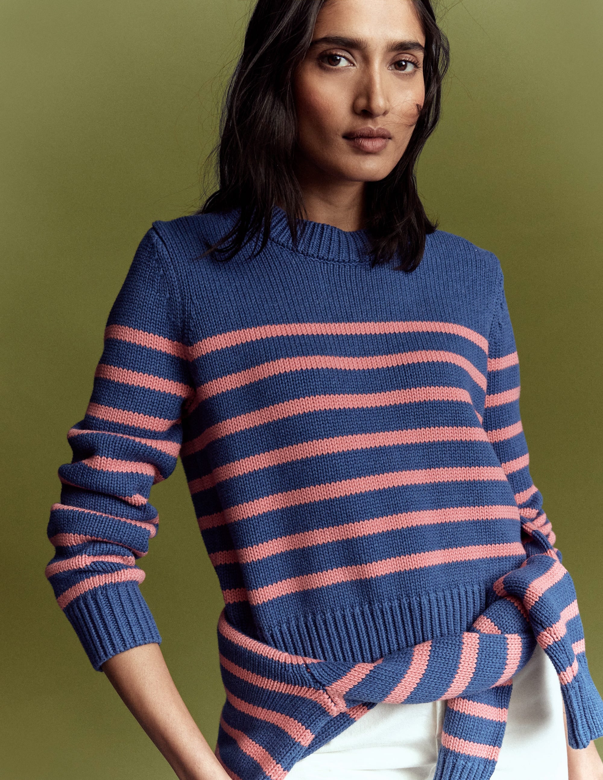 Lucy Chunky Cotton Jumper-Blue, Pink Stripe - Image 7