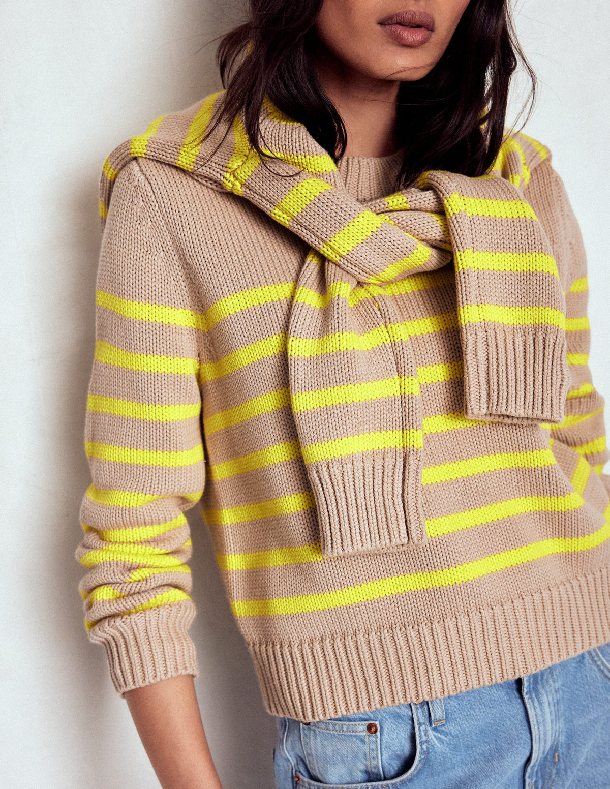Lucy Grob gestrickter Baumwollpullover-Kamelbraun Meliert, Neon Streifen-4