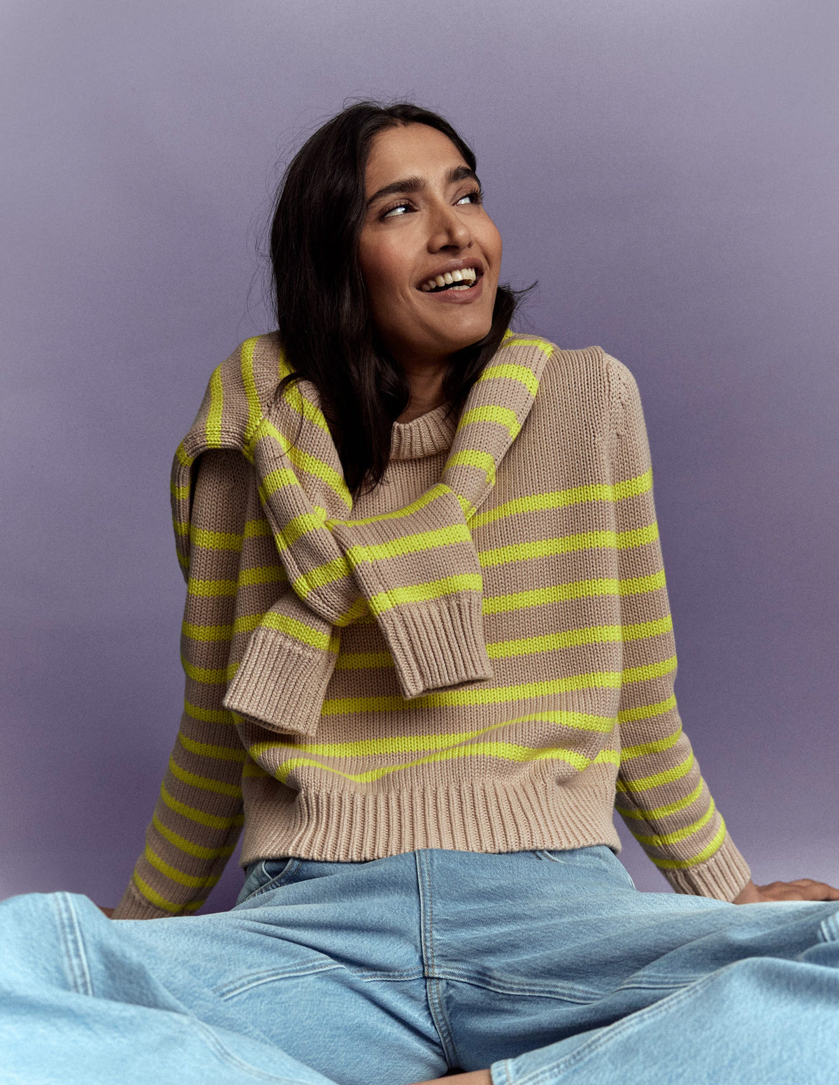 Lucy Grob gestrickter Baumwollpullover-Kamelbraun Meliert, Neon Streifen-1