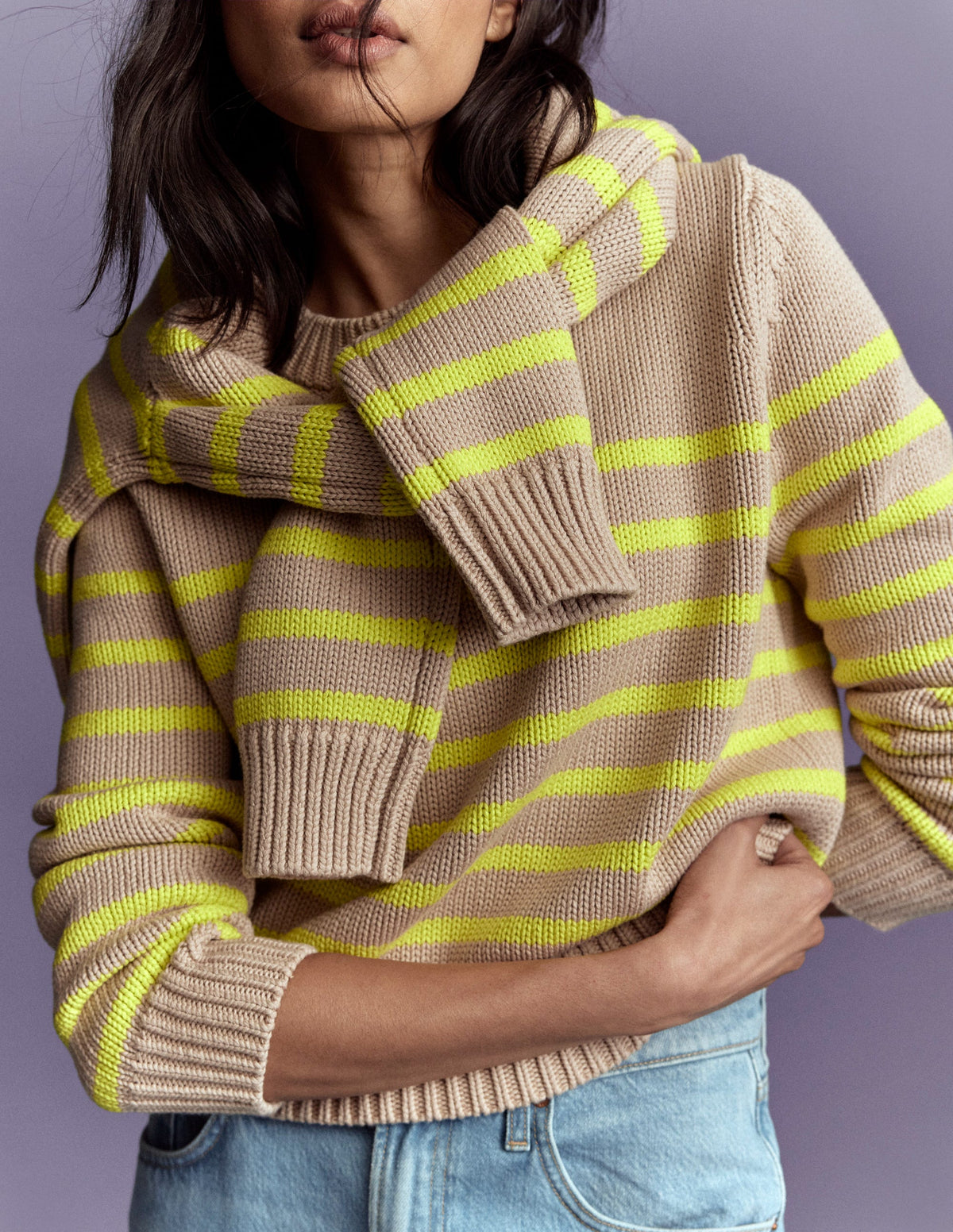 Lucy Grob gestrickter Baumwollpullover-Kamelbraun Meliert, Neon Streifen-2