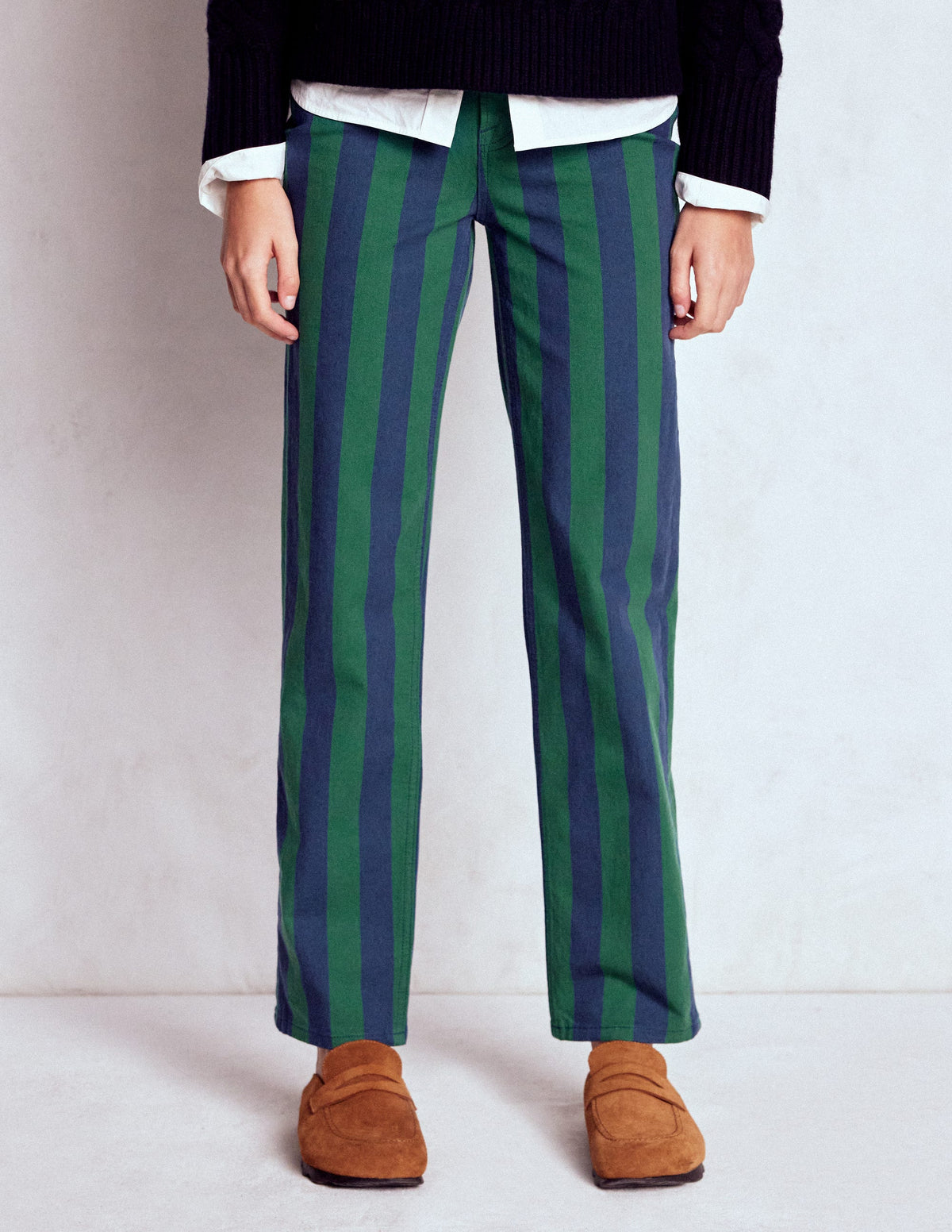 Gestreifte Jeans mit hohem Bund-Grün und Marineblau Streifen-4