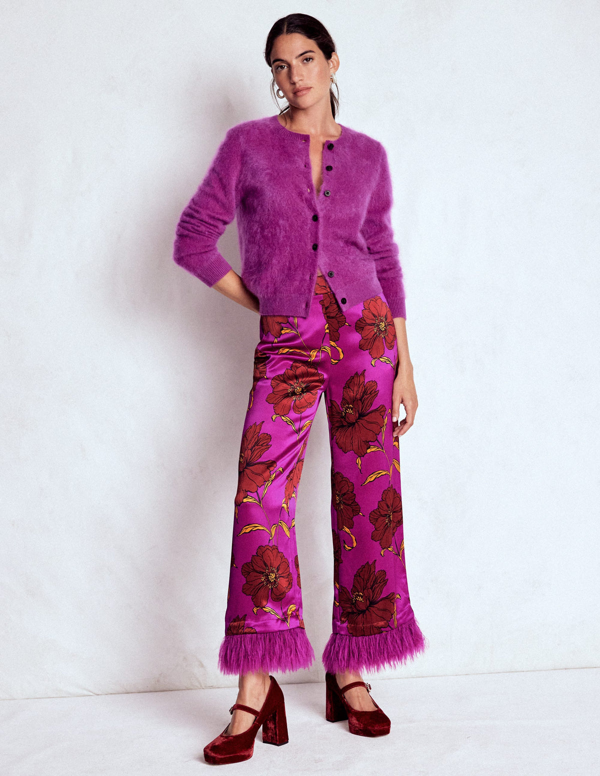 Pantalon à détails plumes-Violet royal, motif Peony Bloom-1