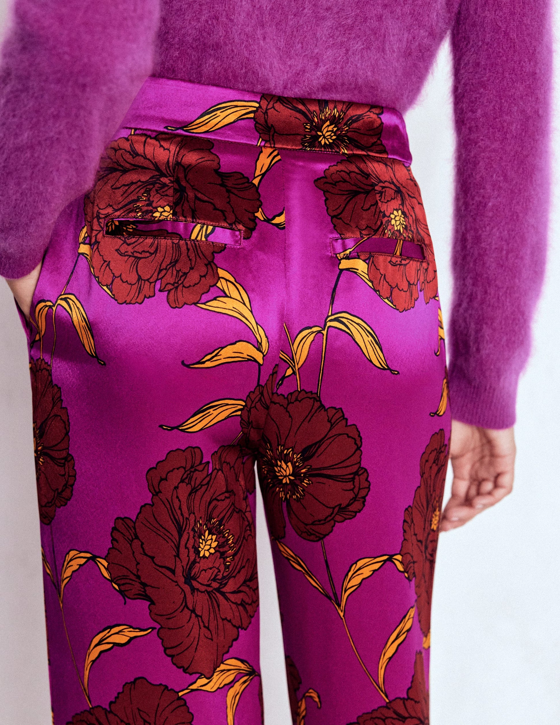Pantalon à détails plumes-Violet royal, motif Peony Bloom-2