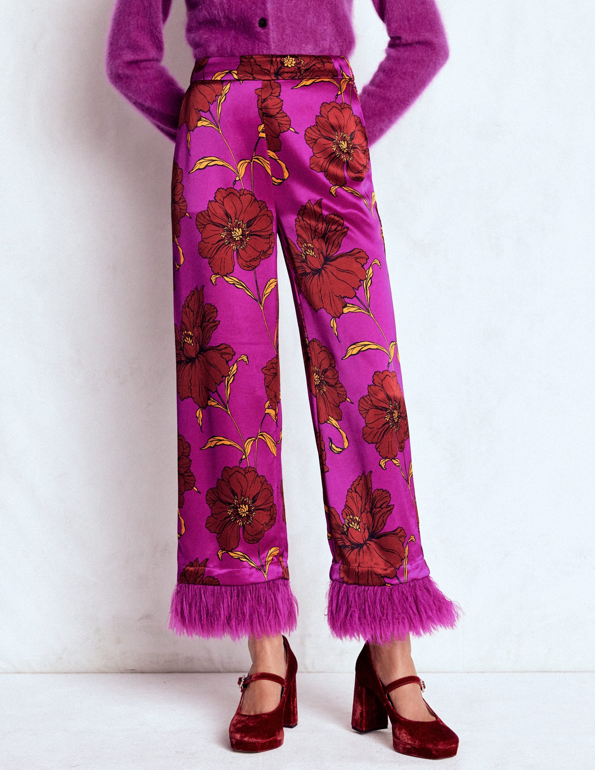 Pantalon à détails plumes-Violet royal, motif Peony Bloom-4