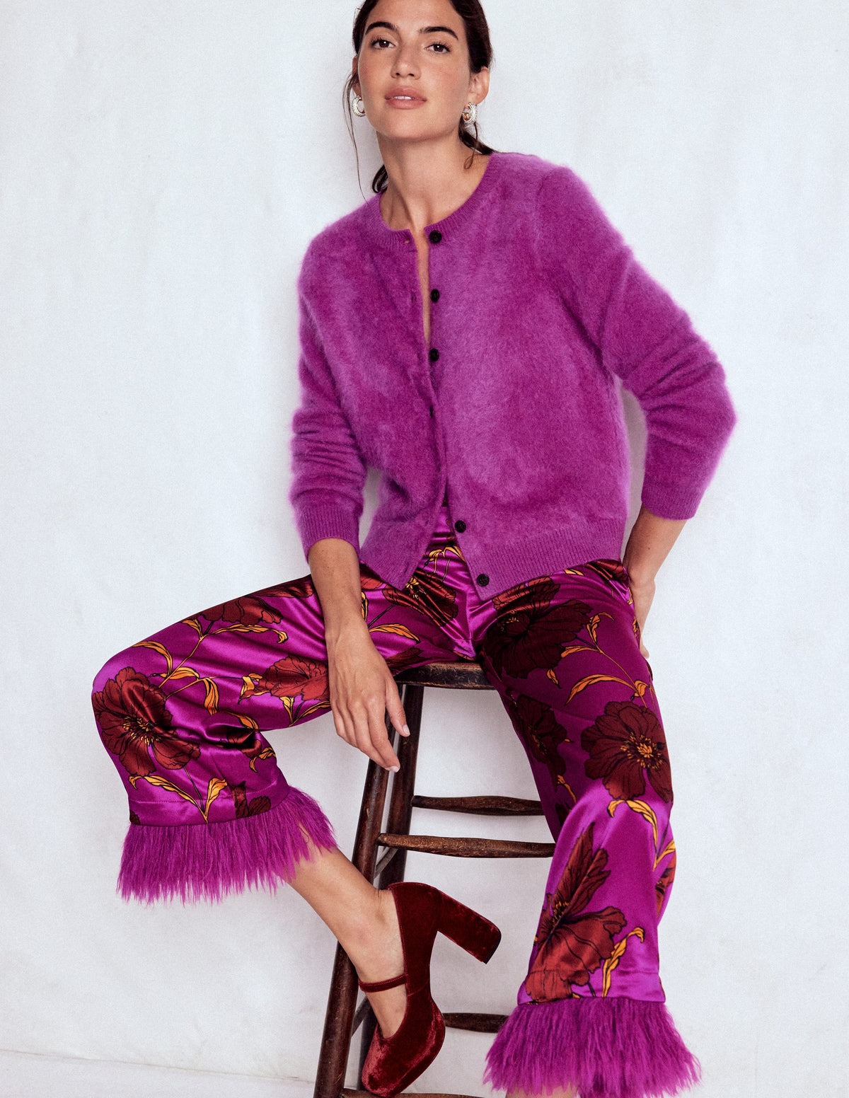 Pantalon à détails plumes-Violet royal, motif Peony Bloom-6