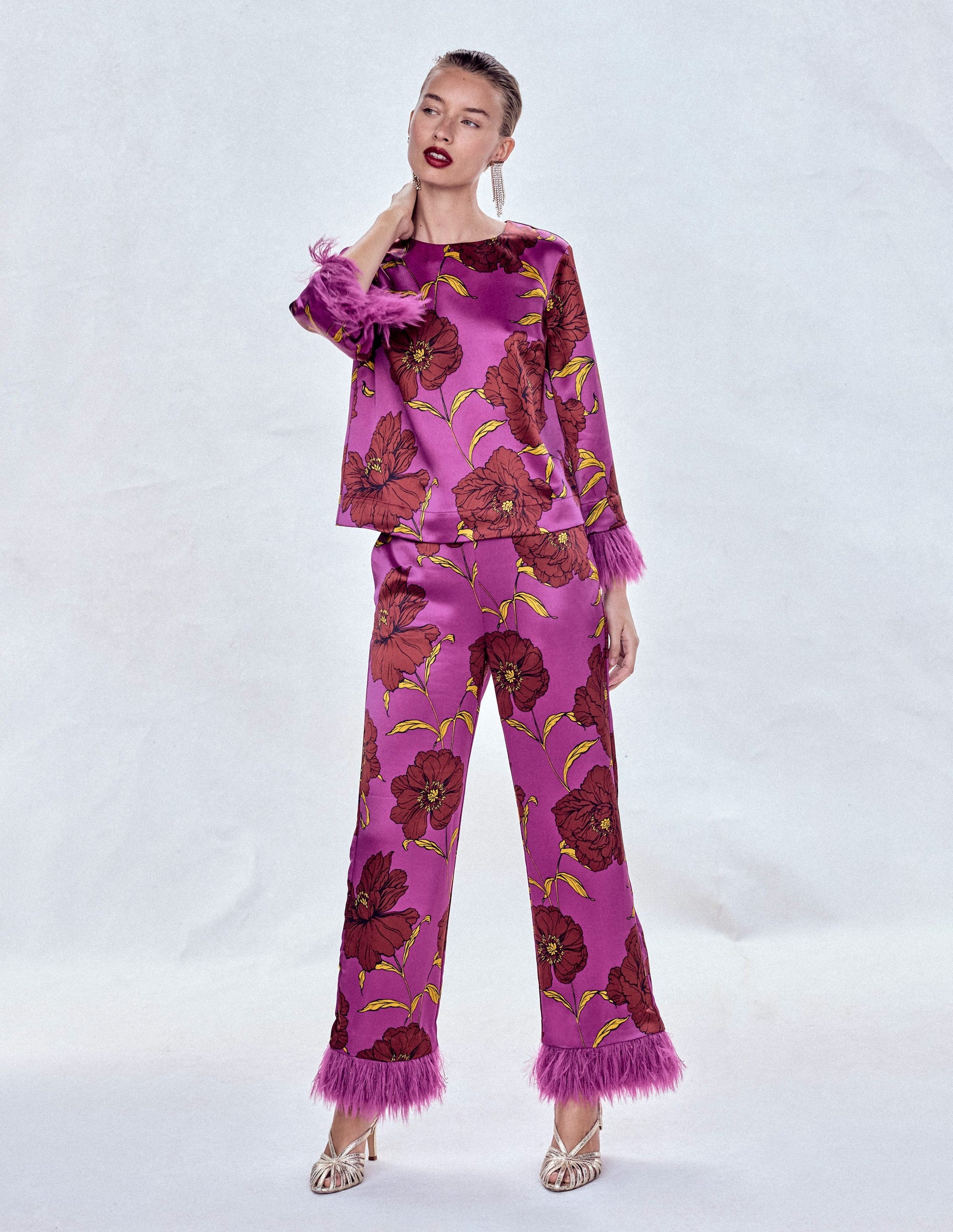 Pantalon à détails plumes-Violet royal, motif Peony Bloom-7