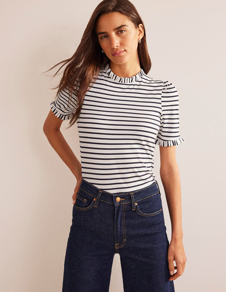 Superweiches T-Shirt mit Rüschendetail-Naturweiß/Navy, Gestreift