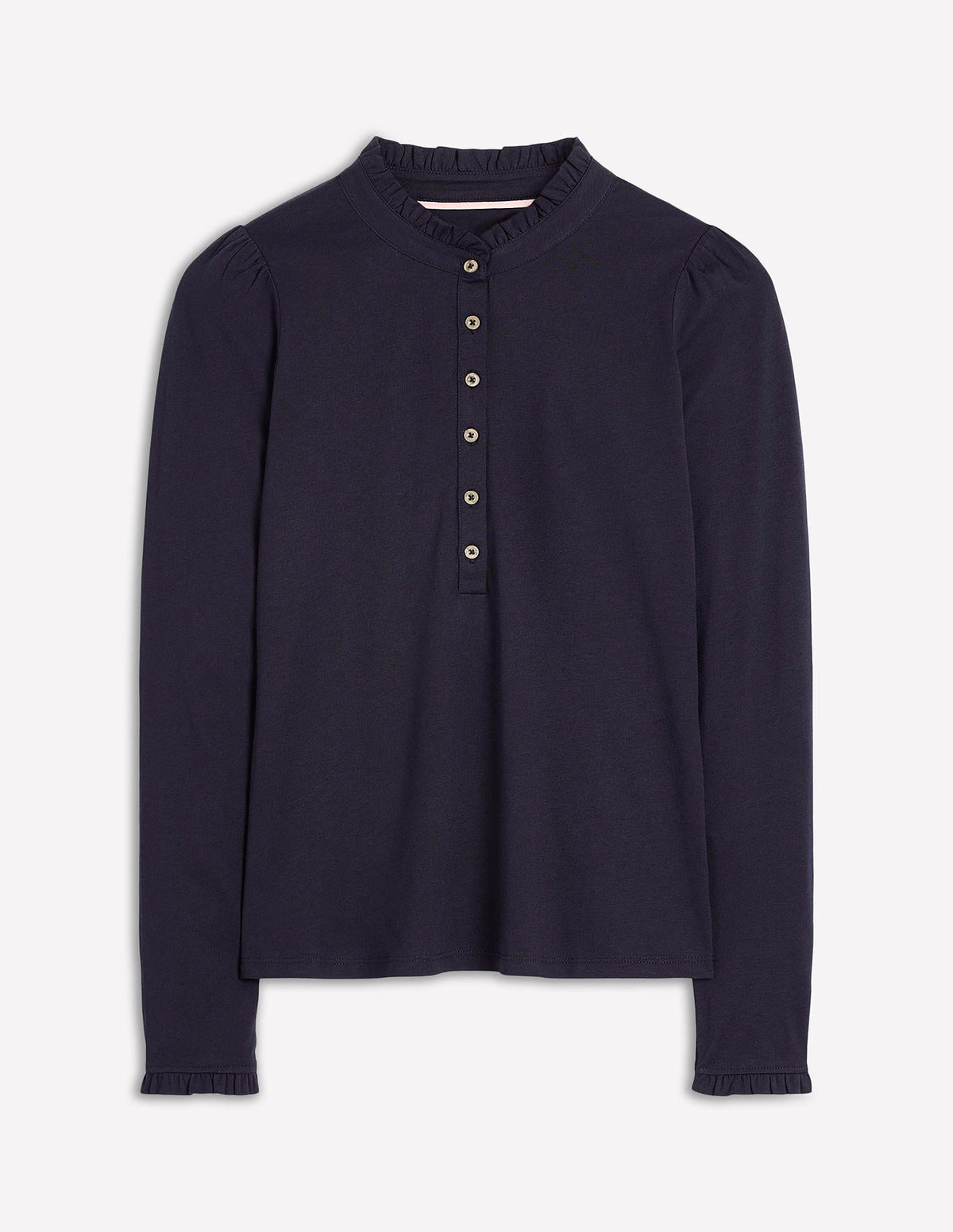 Top ultra-doux à col tunisien et volants-Bleu Marine, Petits Pois-5