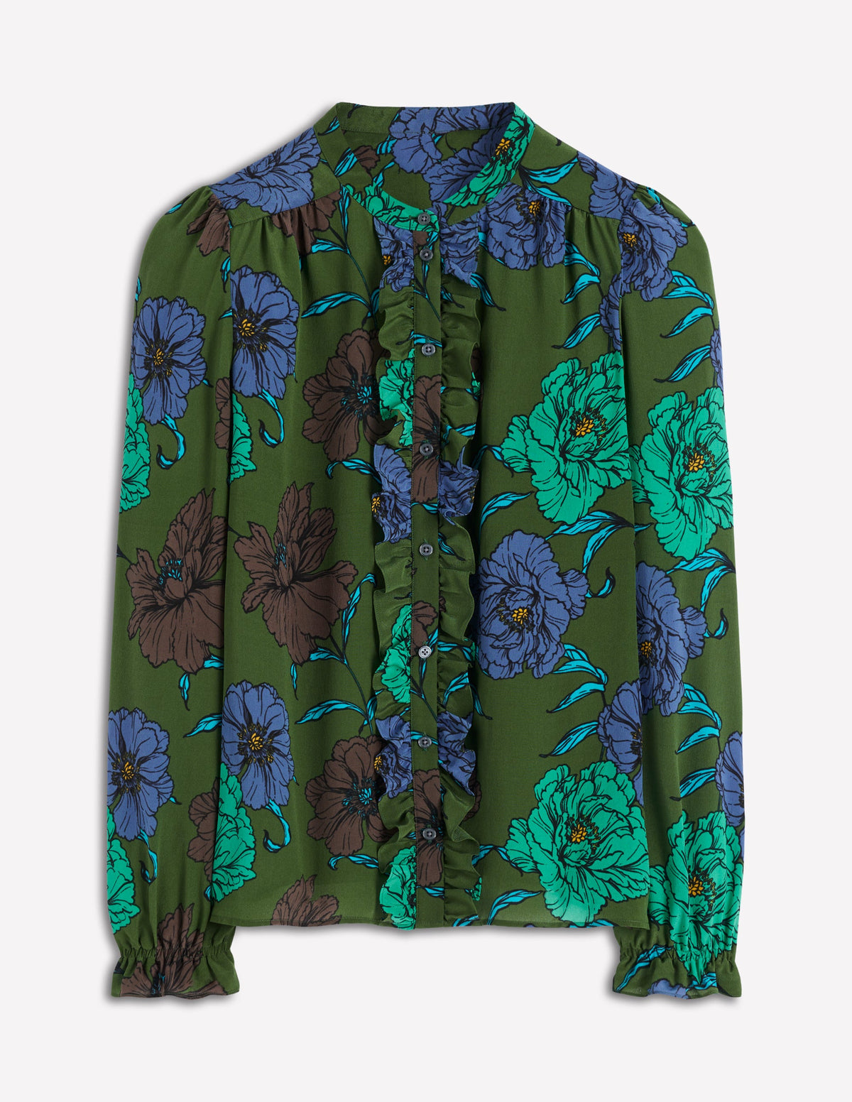 Alice Frill Front Silk Top-Green, Peony Bloom - Image 6