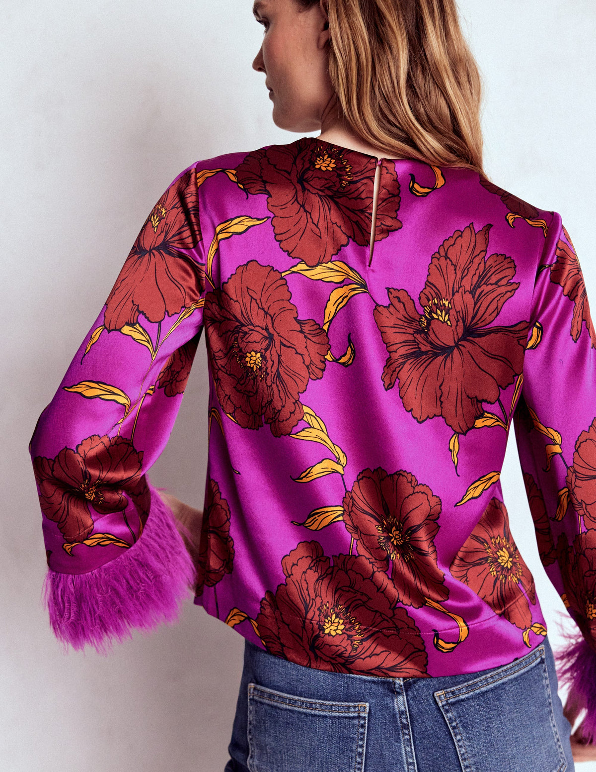 Faux Feather Cuff Party Top-Regal Purple, Peony Bloom-3