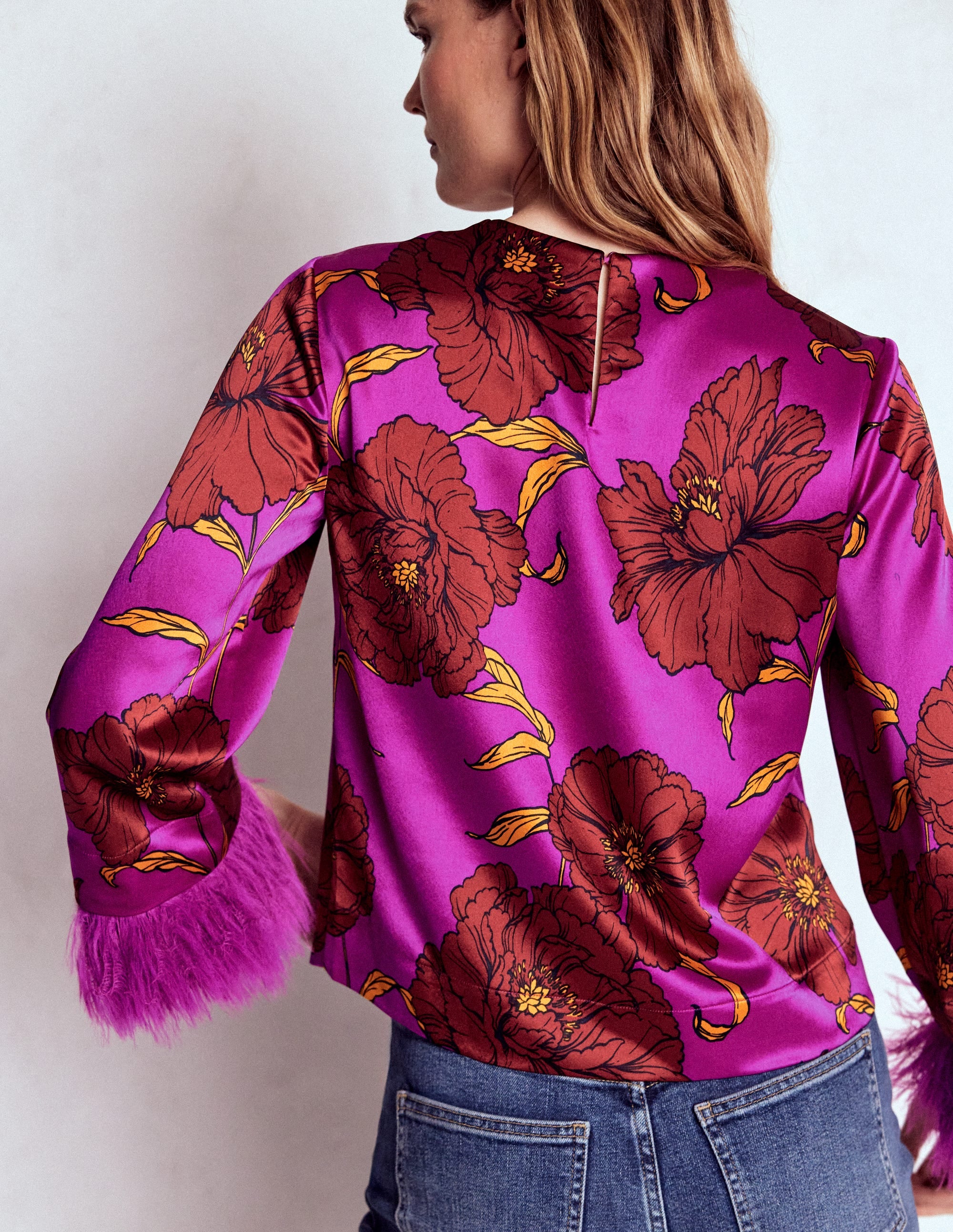 Faux Feather Cuff Party Top-Regal Purple, Peony Bloom - Image 3