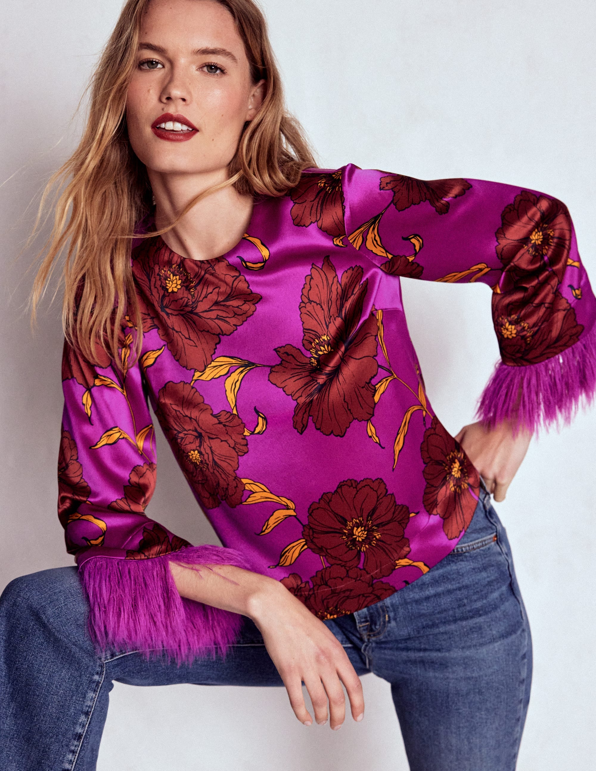 Faux Feather Cuff Party Top-Regal Purple, Peony Bloom - Image 4