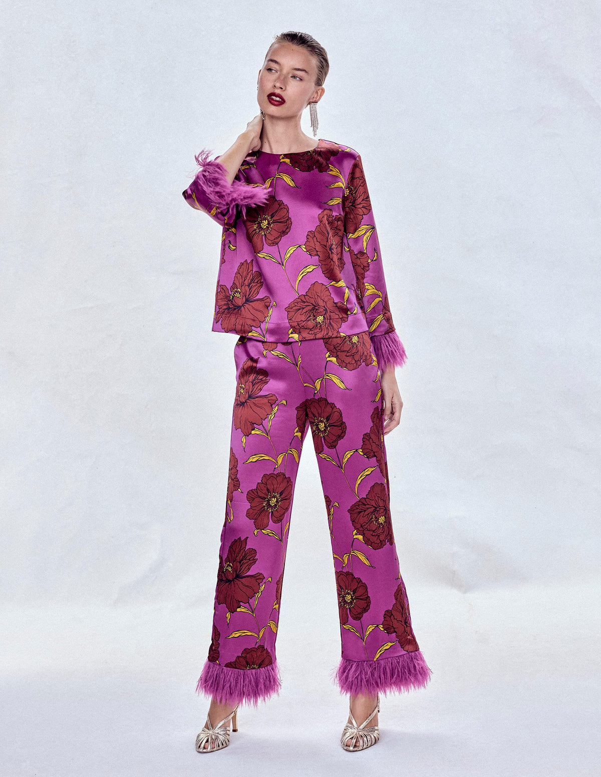 Faux Feather Cuff Party Top-Regal Purple, Peony Bloom-6